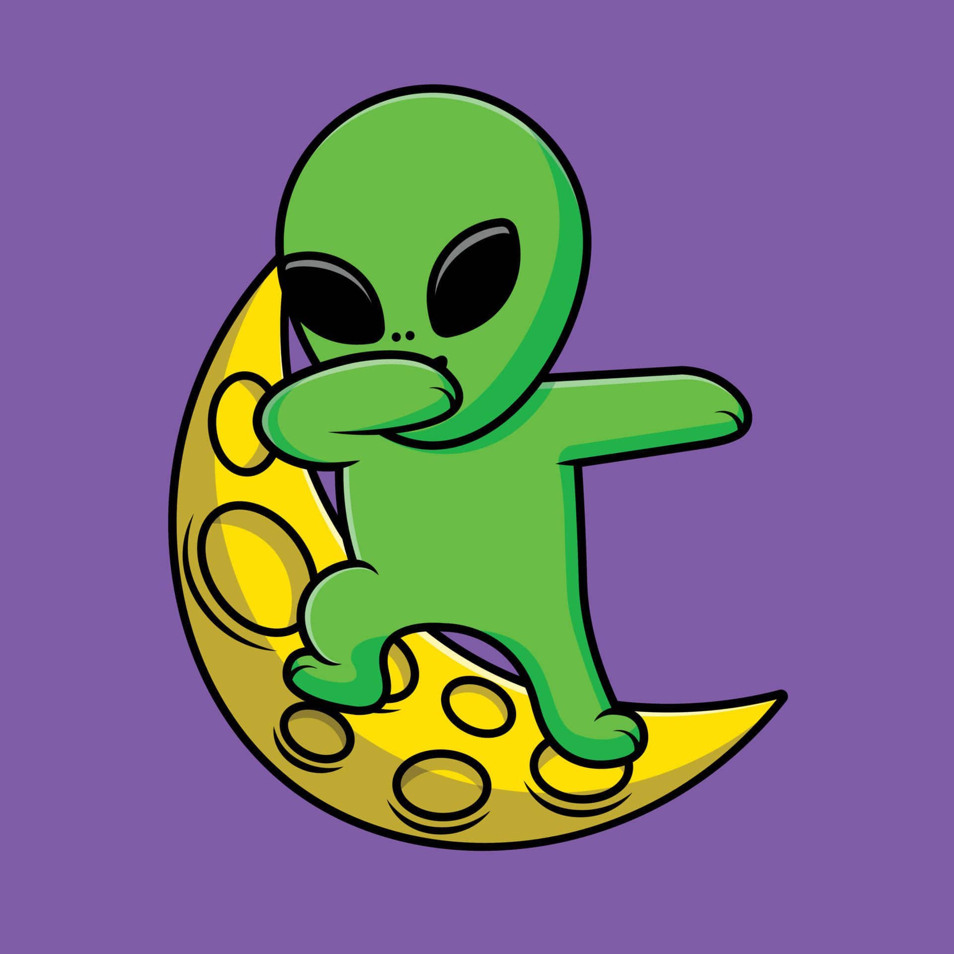 Cartoon Alien 桌布 壁紙 — 一個可愛的綠色外星人擺出 dab 姿勢，站在黃色新月上，背景為紫色。
