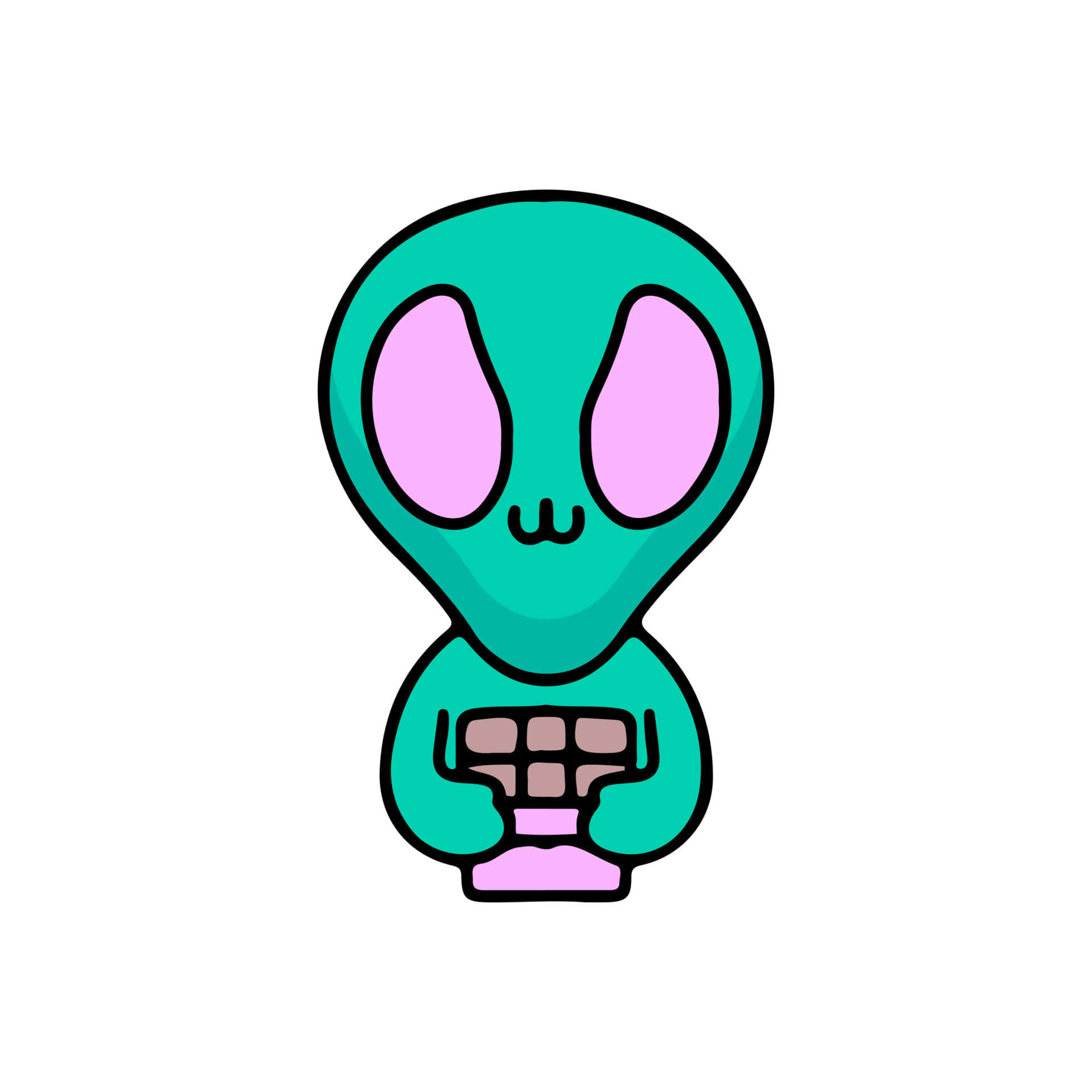 Cartoon Alien 桌布 壁紙 — 一個可愛的藍綠色外星人，有粉紅色的眼睛和腳，在純白色背景前拿著一個粉紅色的遊戲控制器。