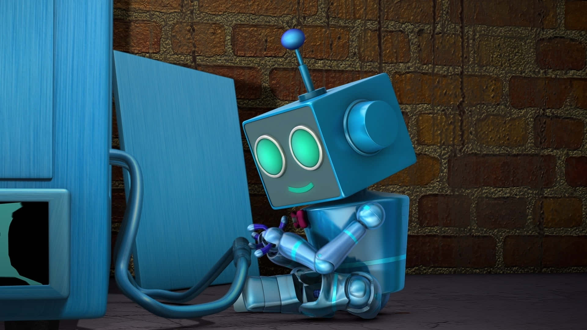 Kawaii Robot 桌布 壁紙 — 一個可愛的藍色卡通機械人，有著發光的綠色眼睛，坐在磚牆旁的一台壞電視旁邊。