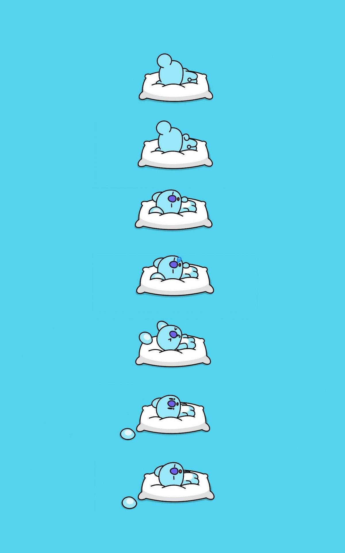 BT21 桌布 壁紙 — 一個可愛的藍色卡通角色在純青色背景上，以垂直序列在白色枕頭上睡著了。