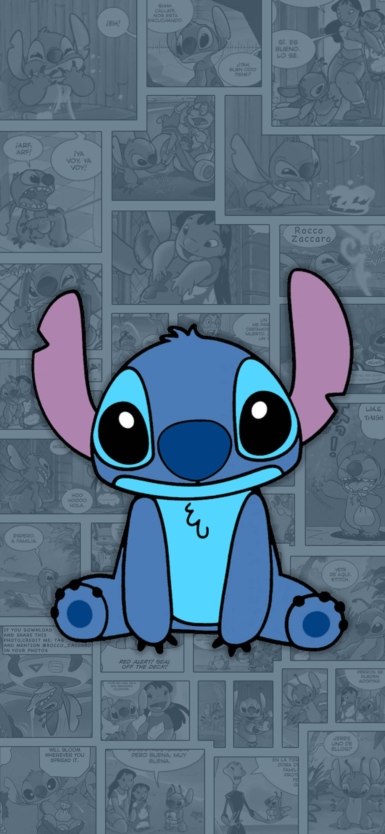 cute stitch iPhone 桌布 壁紙 — 一個可愛的藍色外星人，有大眼睛，坐在漫畫書面板背景前。