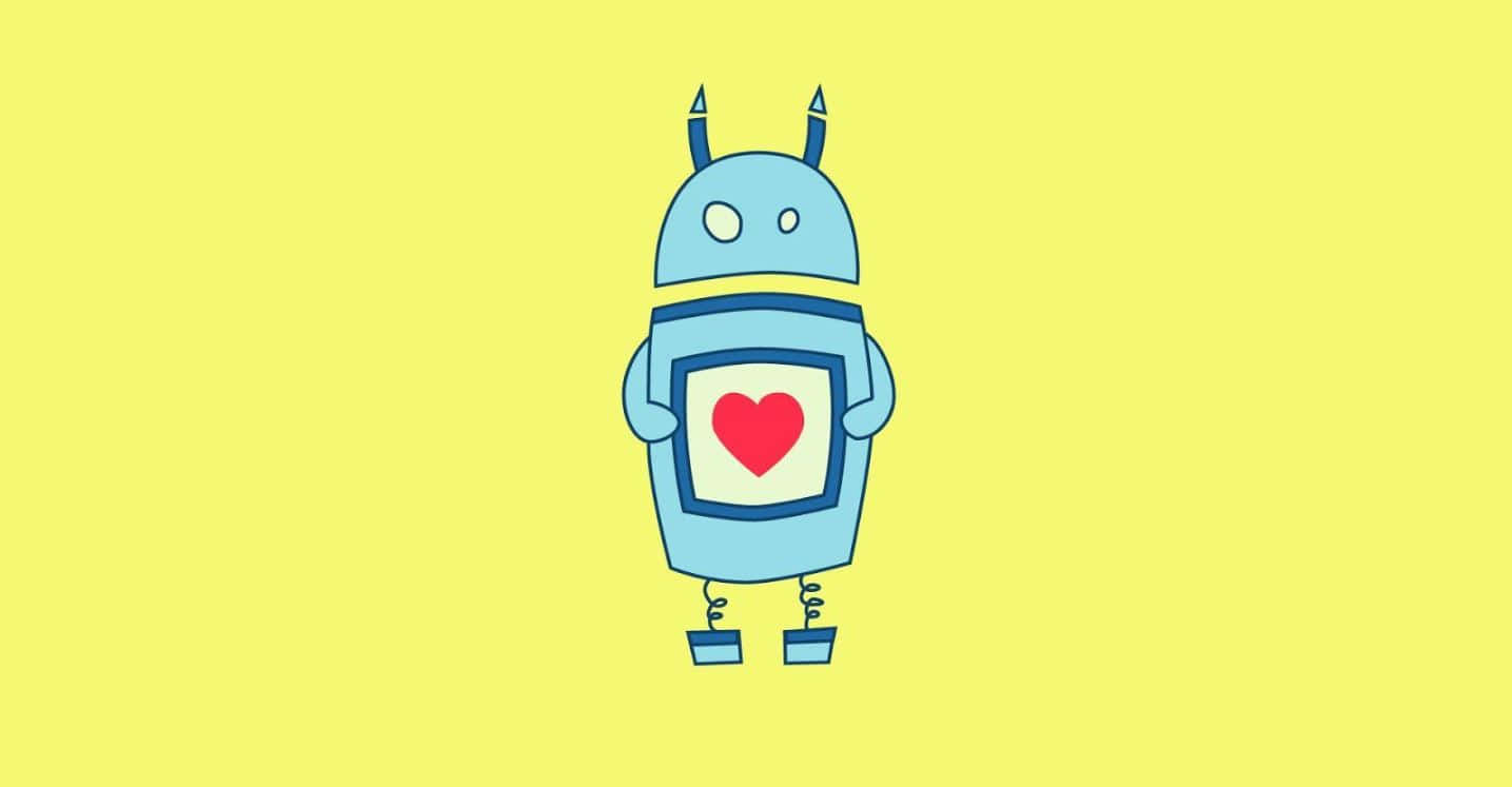 Kawaii Robot 桌布 壁紙 — 一個可愛的藍色機械人帶有天線，在明亮的黃色背景上拿著一顆紅心。