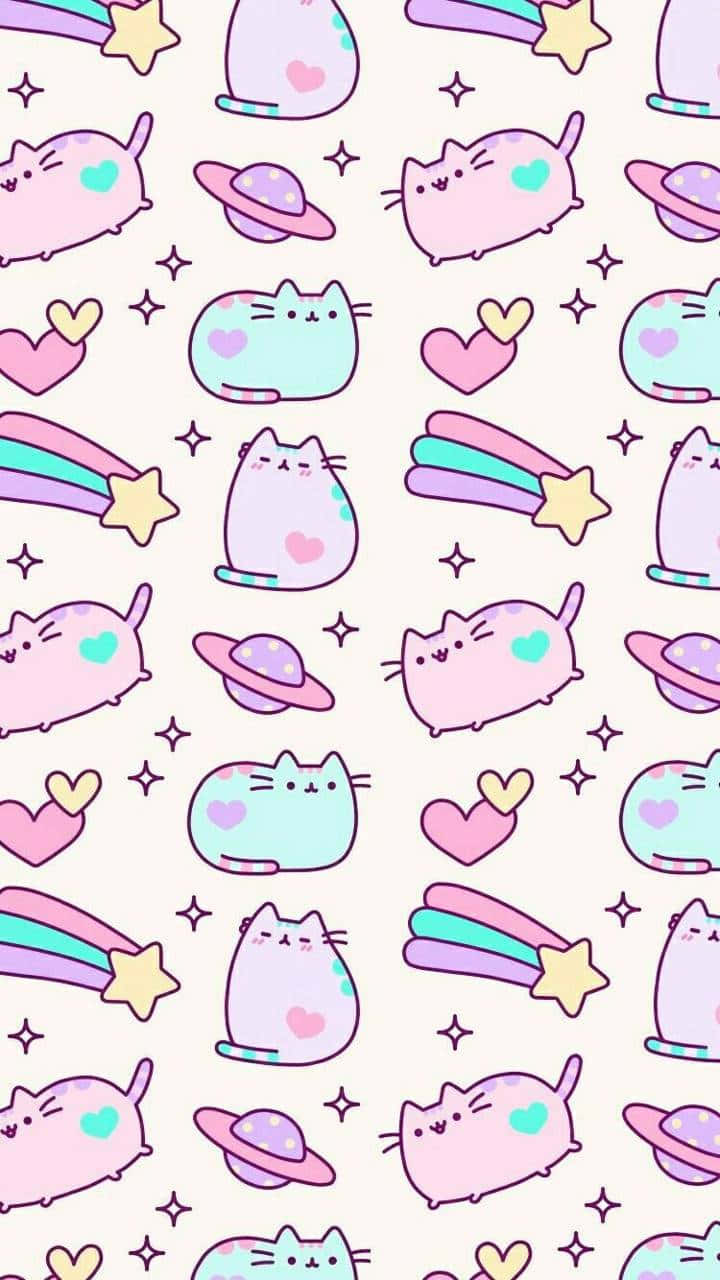 Kawaii Pusheen 桌布 壁紙 — 一個可愛的重複圖案，粉彩色的Pusheen貓咪戴著太空帽，拿著心形，伴隨著彩虹流星和閃光。