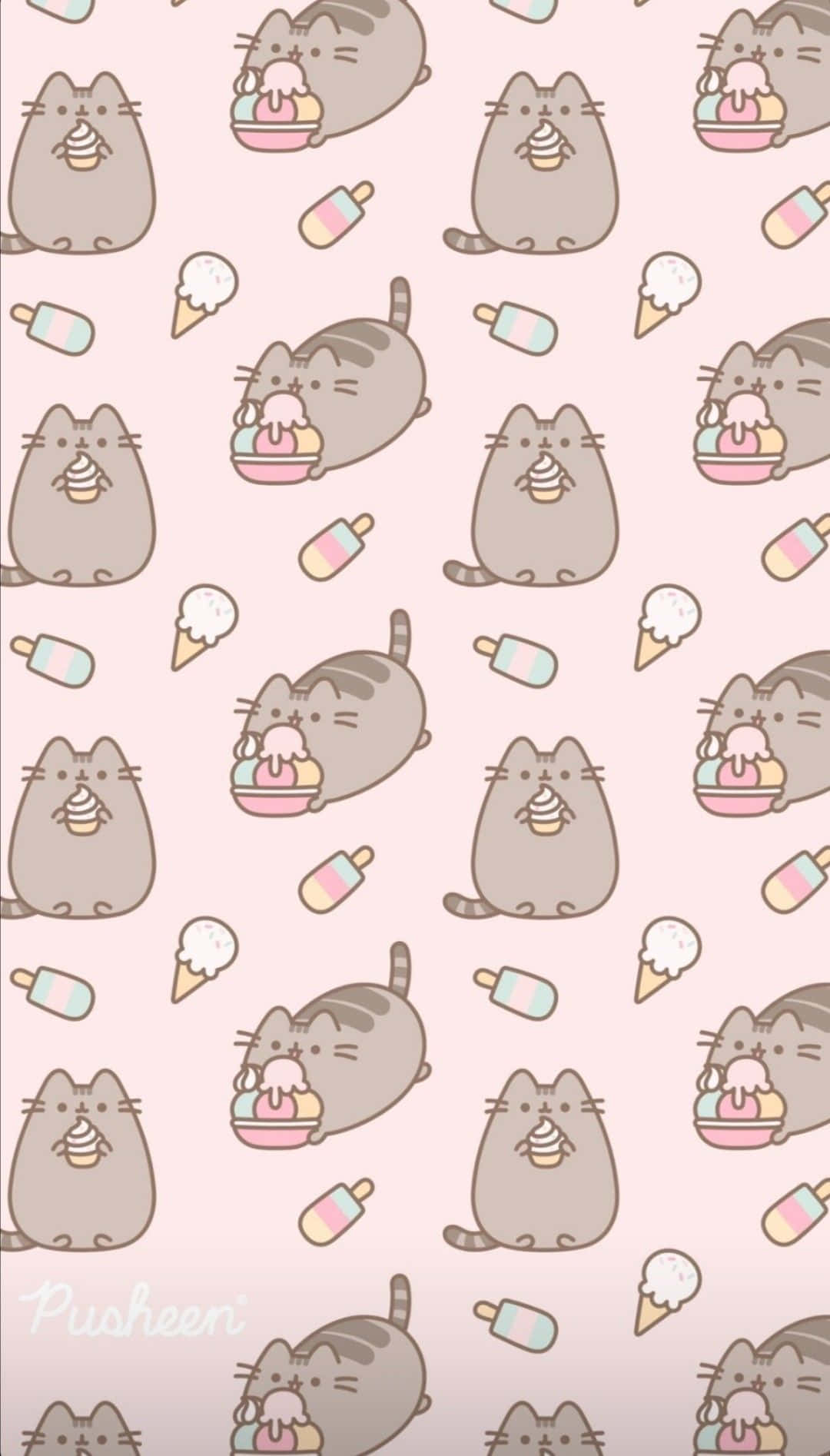 Cute Pusheen 桌布 壁紙 — 一個可愛的重複圖案，貓咪Pusheen在柔和的粉紅色背景上享受雪糕美食。