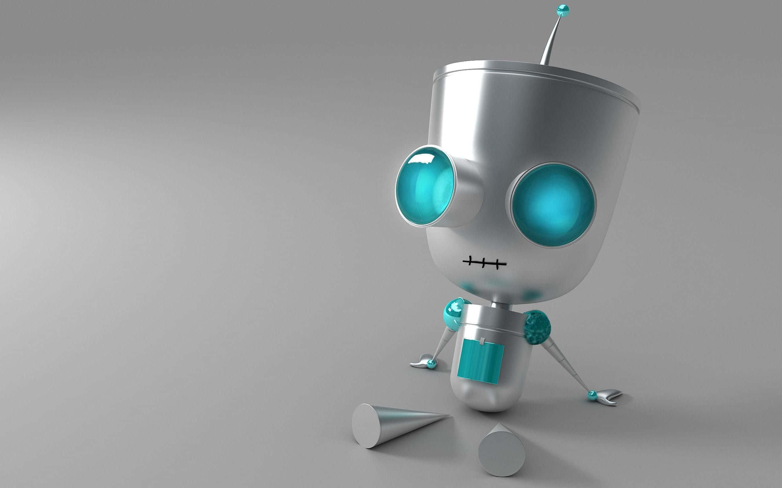 Kawaii Robot 桌布 壁紙 — 一個可愛的銀色機械人，擁有發光的青色眼睛和天線，站在一個帶有幾何形狀的純灰色表面上。