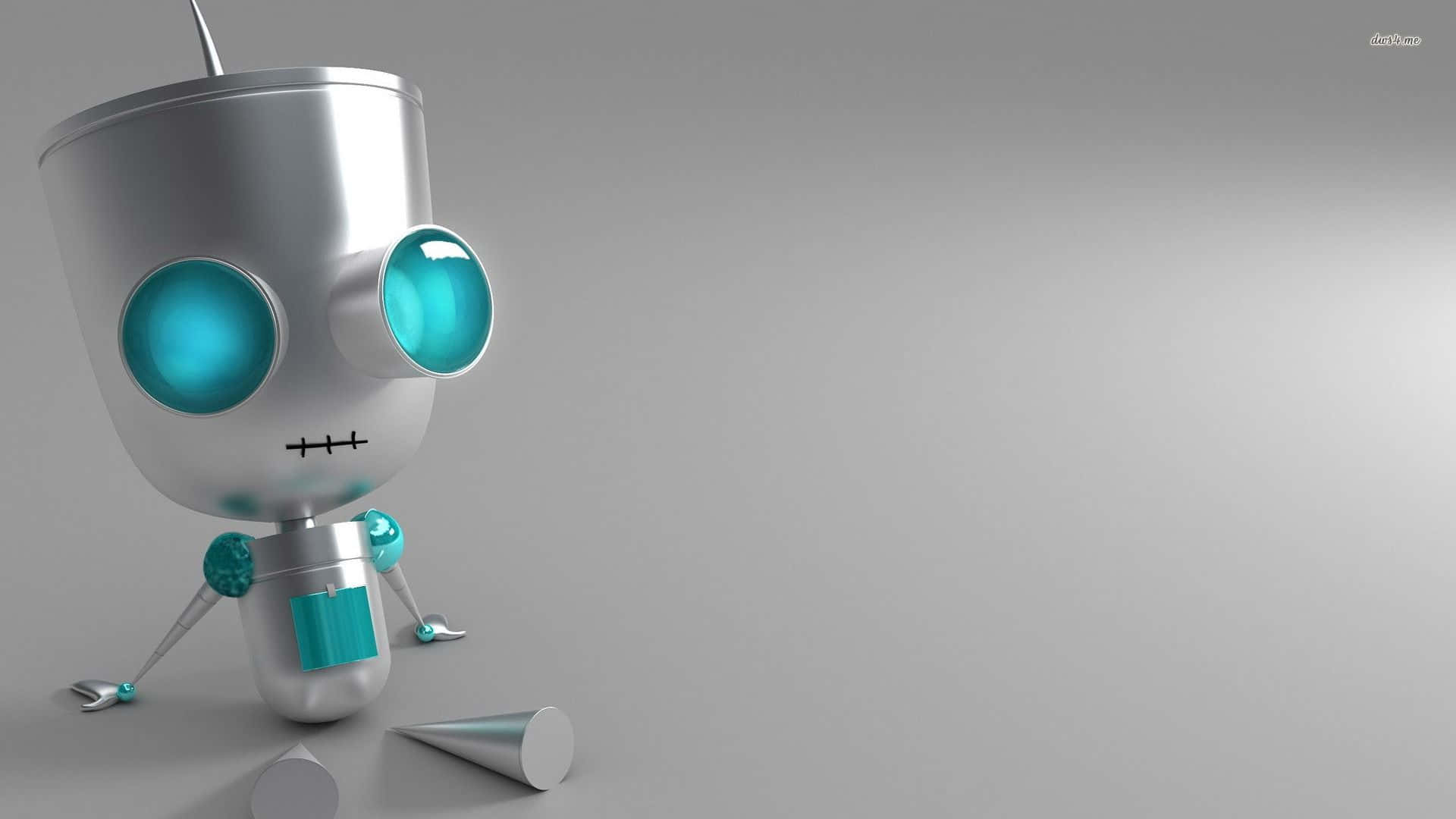 Cartoon Robot 桌布 壁紙 — 一個可愛的銀色機械人，擁有發光的青綠色眼睛，站在一個普通的灰色表面上，周圍散落著幾何形狀。