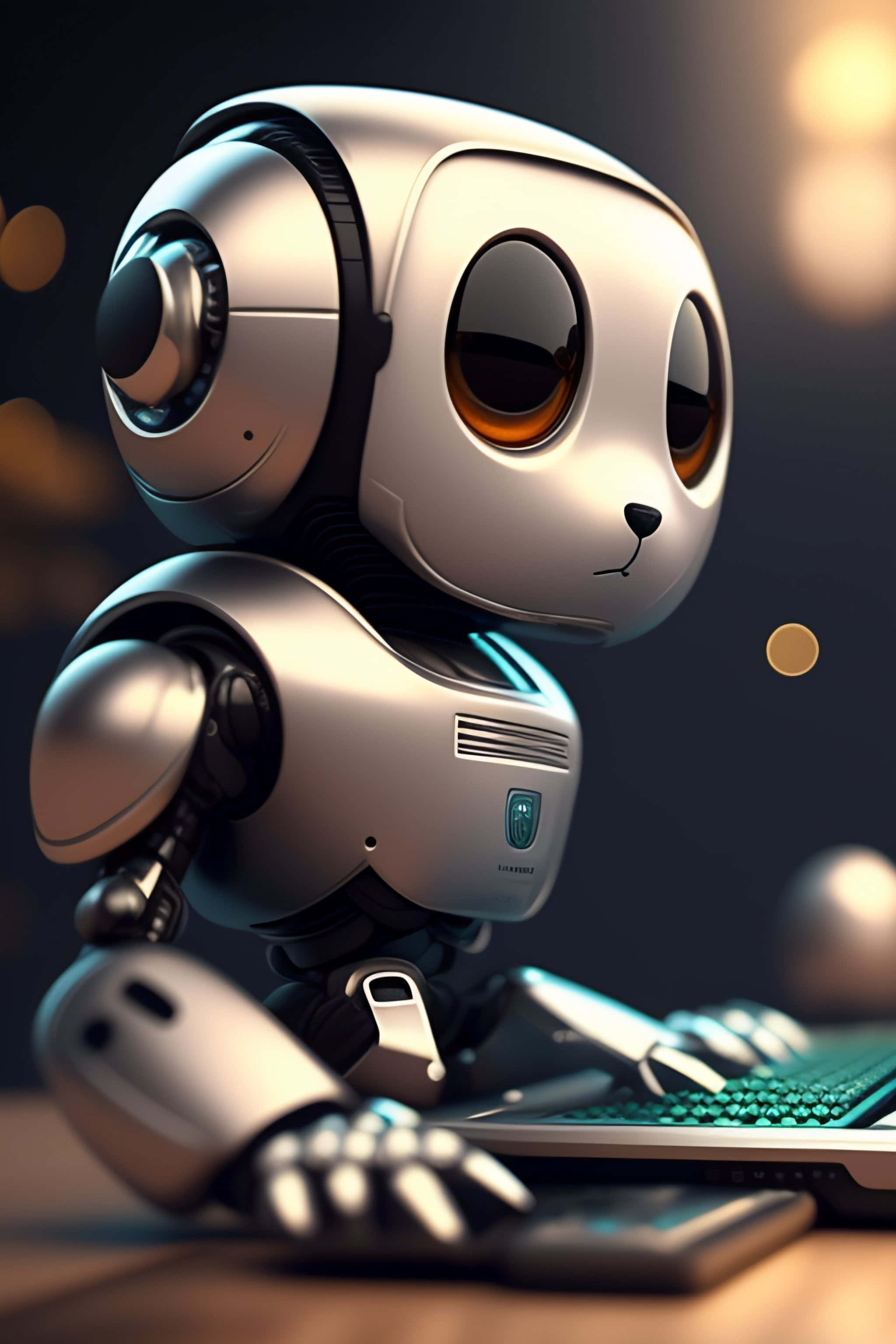 Kawaii Robot 桌布 壁紙 — 一個可愛的銀色機械人，有著大大的琥珀色眼睛，在柔和光線的房間裡用發光的綠色鍵盤打字。