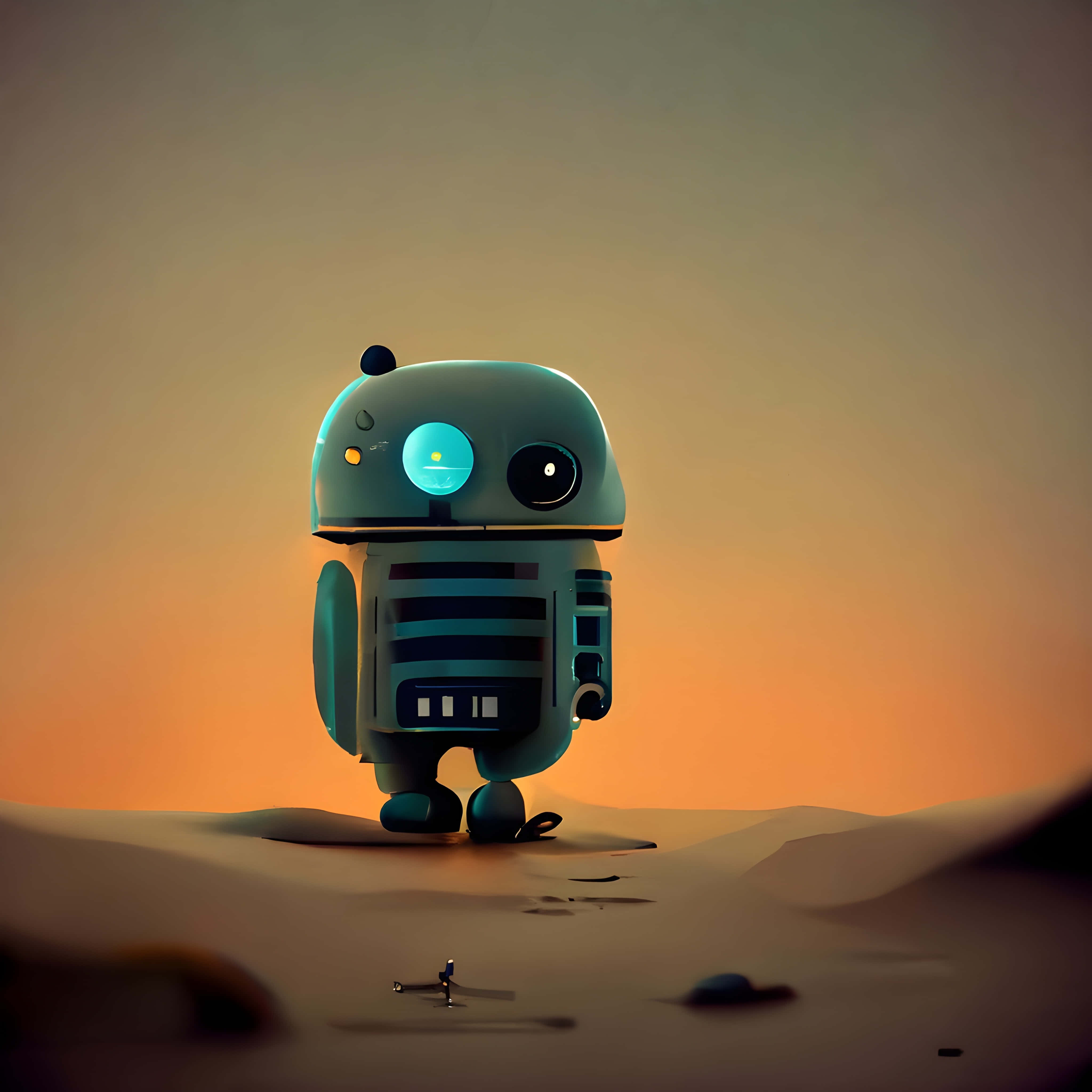 Kawaii Robot 桌布 壁紙 — 一個可愛的青色機械人，發光的藍色眼睛，獨自站在日落時分的沙漠中，投下長長的影子。