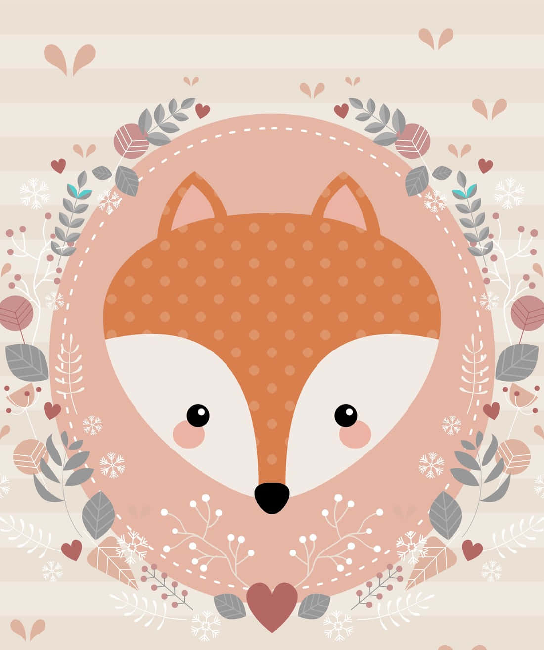 Kawaii Fox 桌布 壁紙 — 一個可愛的風格化狐狸臉，帶有圓點圖案，位於條紋背景上的花環中央。
