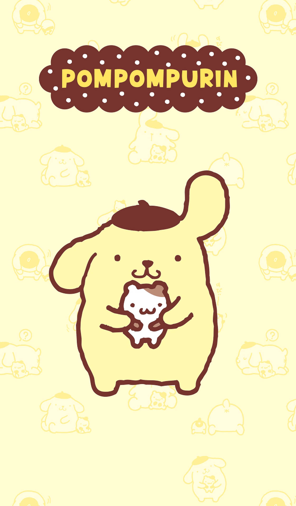Pompompurin在帶圖案的黃色背景上抱著一個白色小生物。 — 布甸狗 GIF 壁紙