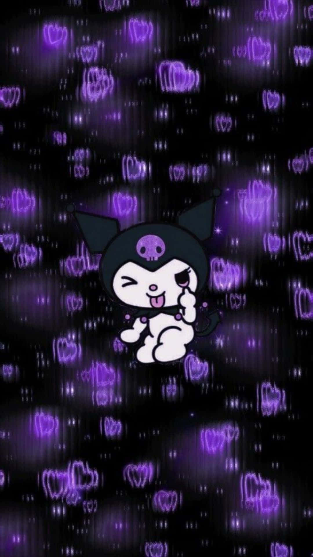 Kuromi Kawaii 桌布 壁紙 — 一個可愛的黑白動漫角色戴著骷髏帽，在充滿發光紫色心形的黑暗背景上頑皮地眨眼。