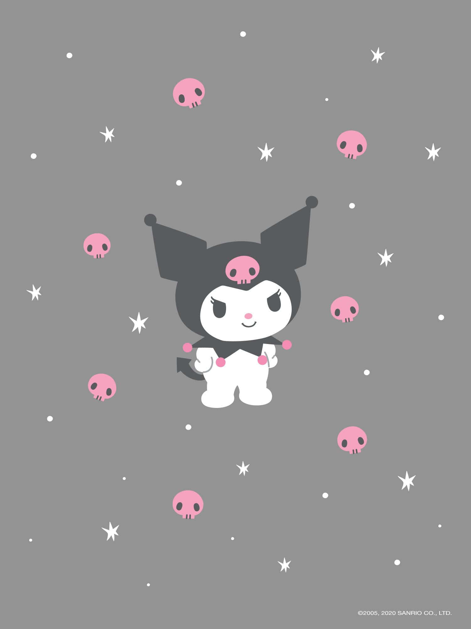 Kuromi Pattern 桌布 壁紙 — 一個可愛的黑白卡通角色，帶有粉紅色骷髏裝飾，在灰色背景的星星間漂浮。