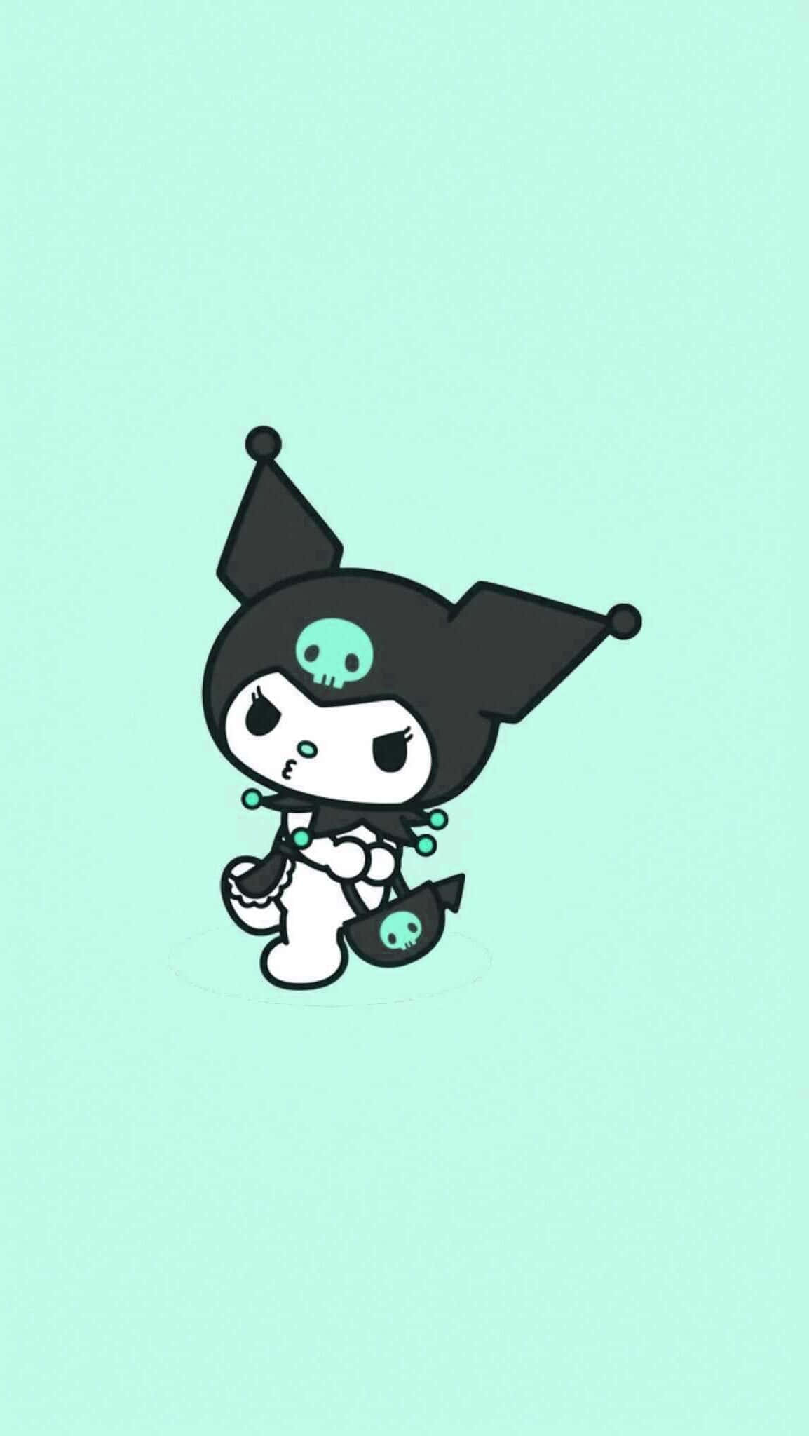 Kuromi Kawaii 桌布 壁紙 — 一個可愛的黑白卡通角色，帶有骷髏圖案，站在薄荷綠色背景前。