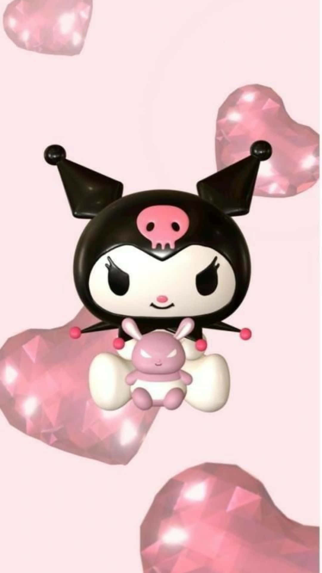 Kuromi Kawaii 桌布 壁紙 — 一個可愛的黑白卡通角色，長著兔耳朵，抱著一隻粉紅色毛絨兔子，周圍環繞著發光的粉紅色寶石心形。