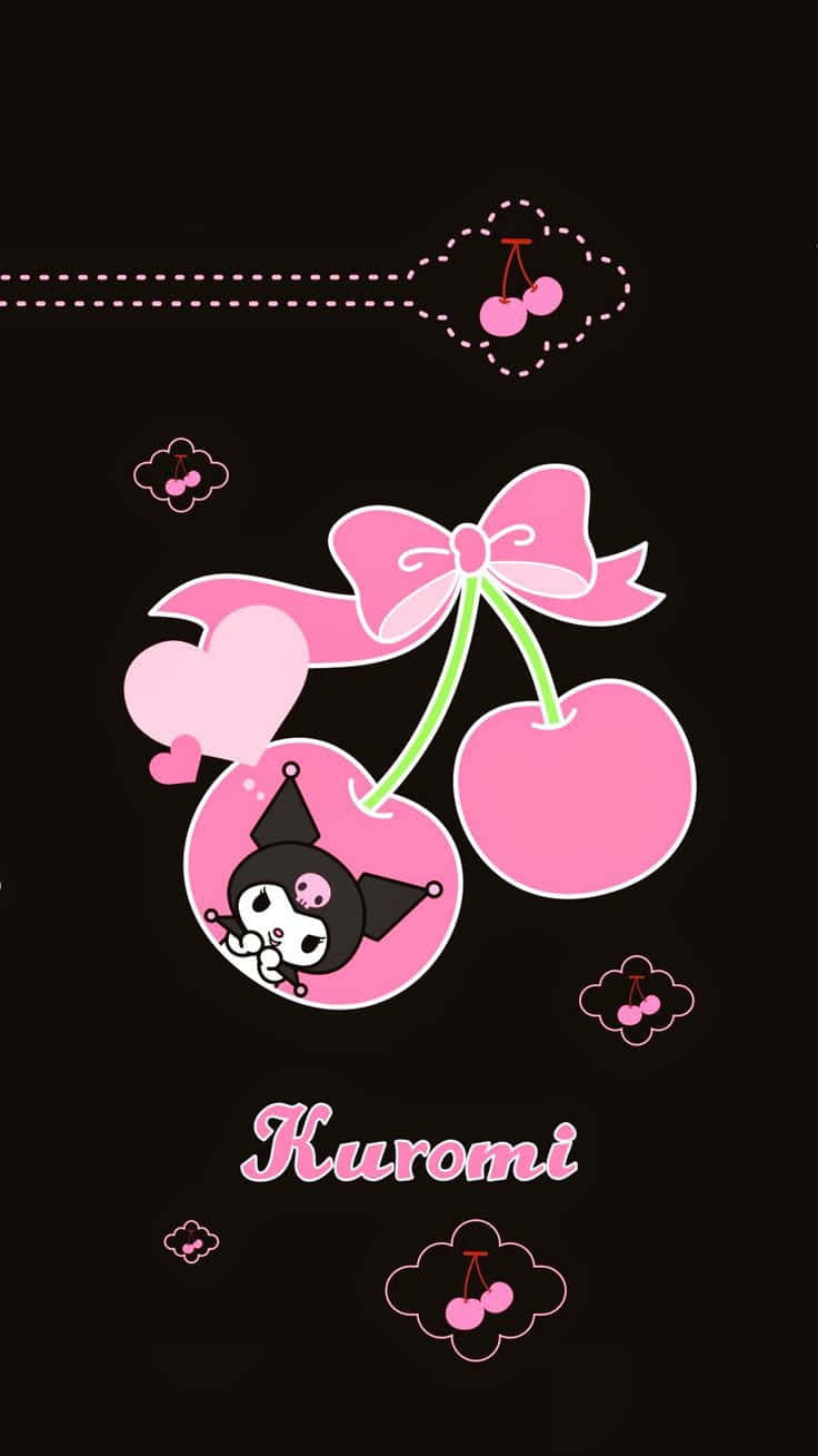 Kuromi Aesthetic 桌布 壁紙 — 一個可愛的黑白卡通角色Kuromi從一個帶有蝴蝶結的粉紅色櫻桃中窺視，背景為深色。