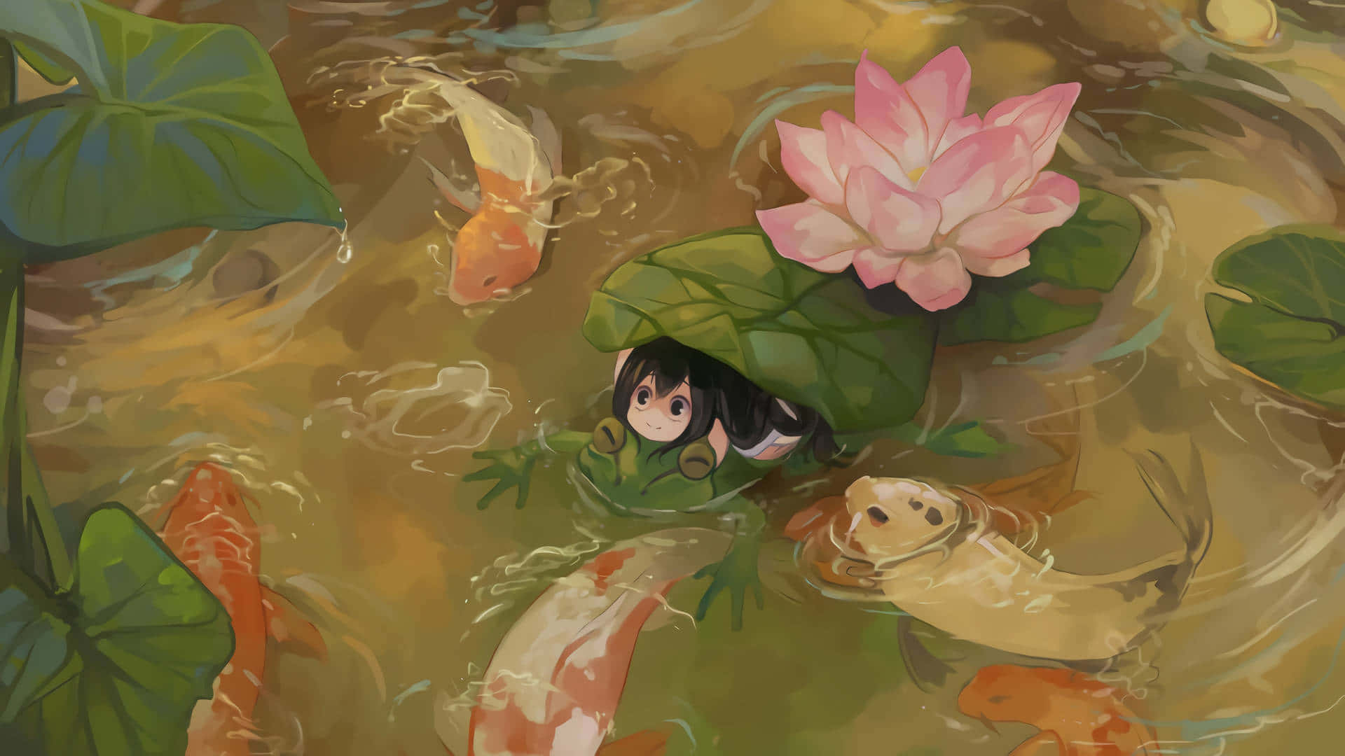 Pond 桌布 壁紙 — 一個可愛的黑髮動漫女孩從池塘的睡蓮葉下探出頭來，池塘裡有錦鯉和粉紅色的蓮花。