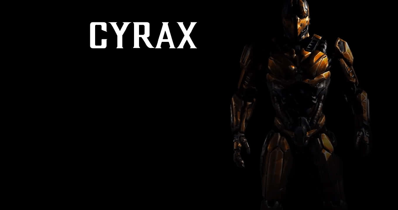 Mortal Kombat Cyrax 桌布 壁紙 — 一個名為 Cyrax 的機械戰士在黑色背景中以剪影形式站立，金色盔甲細節閃閃發光。