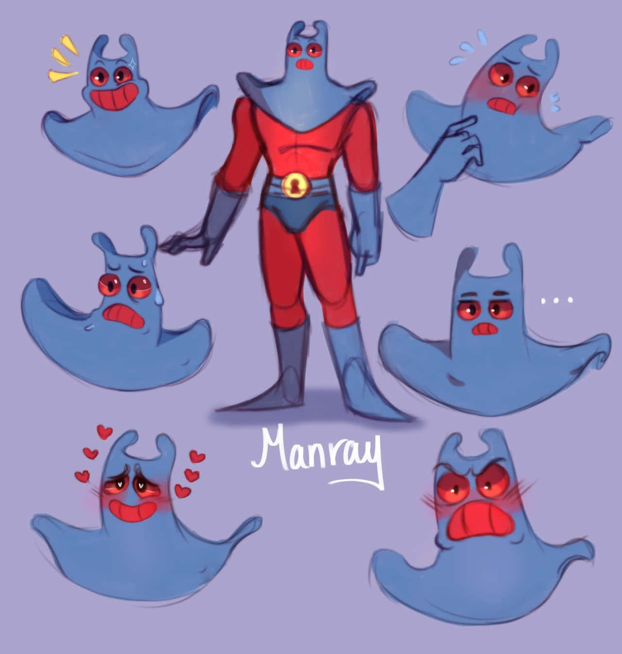 man ray 桌布 壁紙 — 一個名為 Manray 的藍色鬼魂角色，身穿紅色西裝，在紫色背景上被各種表情豐富的鬼魂姿勢包圍。