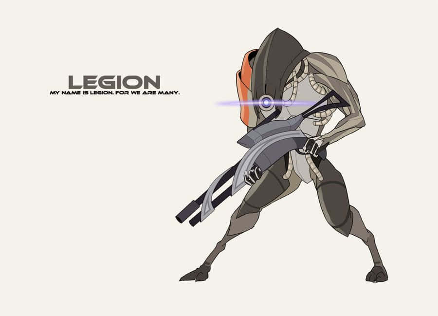 Mass Effect Legion 桌布 壁紙 — 一個名為Legion的風格化動漫角色，在純色背景下以戰鬥姿態揮舞著發光的紫色武器。