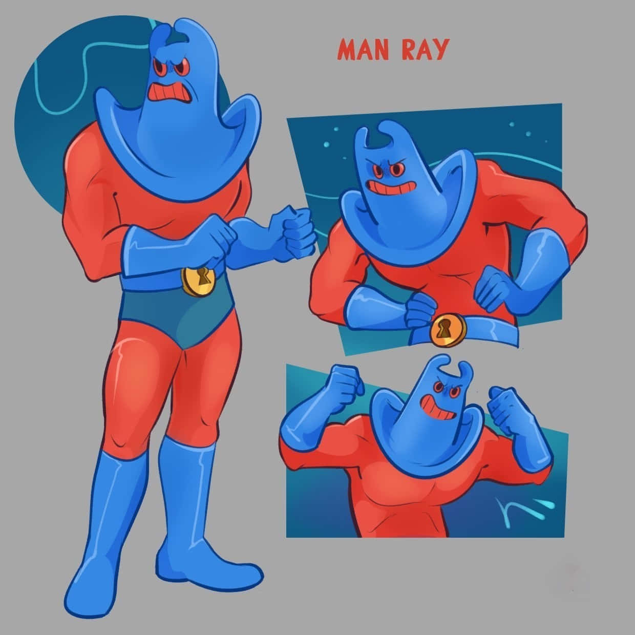 man ray 桌布 壁紙 — 一個名為Man Ray的藍色和紅色卡通超級英雄在灰色背景上以三個動態插圖擺姿勢。