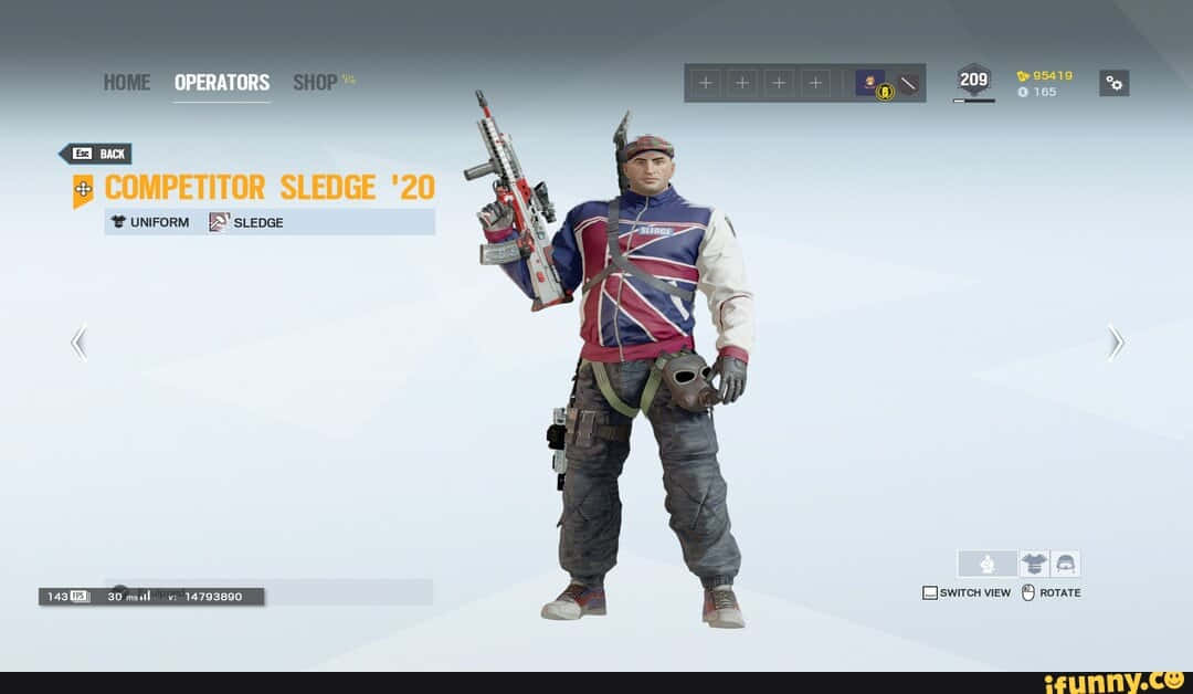 Rainbow Six Siege Sledge 桌布 壁紙 — 一個名為Sledge的電子遊戲角色，身穿英國國旗外套，在UI背景前手持步槍。