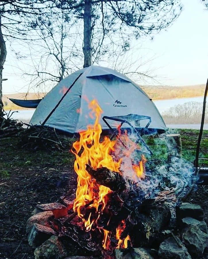 Minimalist Camping 桌布 壁紙 — 一個咆哮的營火在黃昏時分，在光禿禿的樹木下，在湖邊的一個灰色帳篷旁邊噼啪作響。