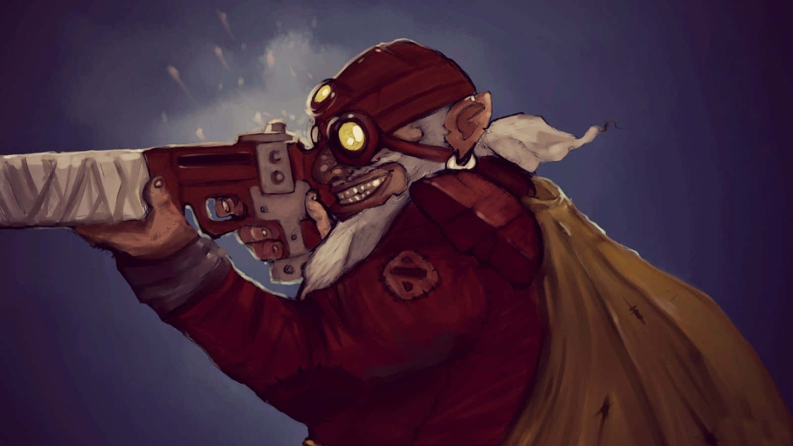 Dota 2 Sniper 桌布 壁紙 — 一個咧嘴笑的哥布林，戴著紅色護目鏡和外套，對準深藍色背景瞄準一把蒸氣龐克手槍。