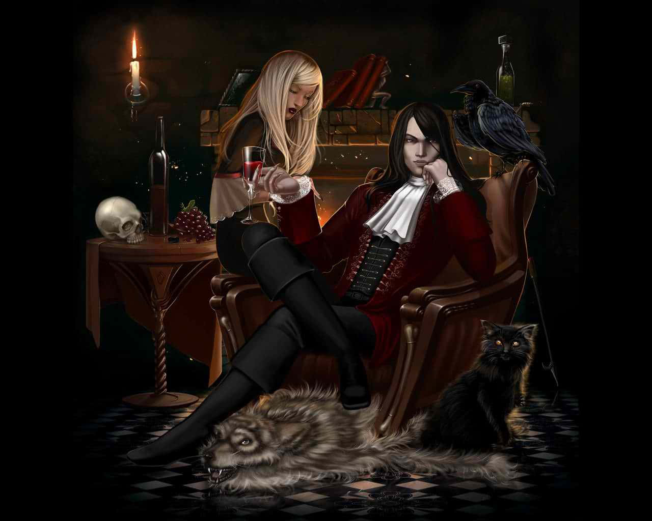 Vampire Lord 桌布 壁紙 — 一個哥德式吸血鬼和他的同伴在昏暗的燭光客廳裡休息，附近棲息著一隻烏鴉，腳邊有一隻狼。