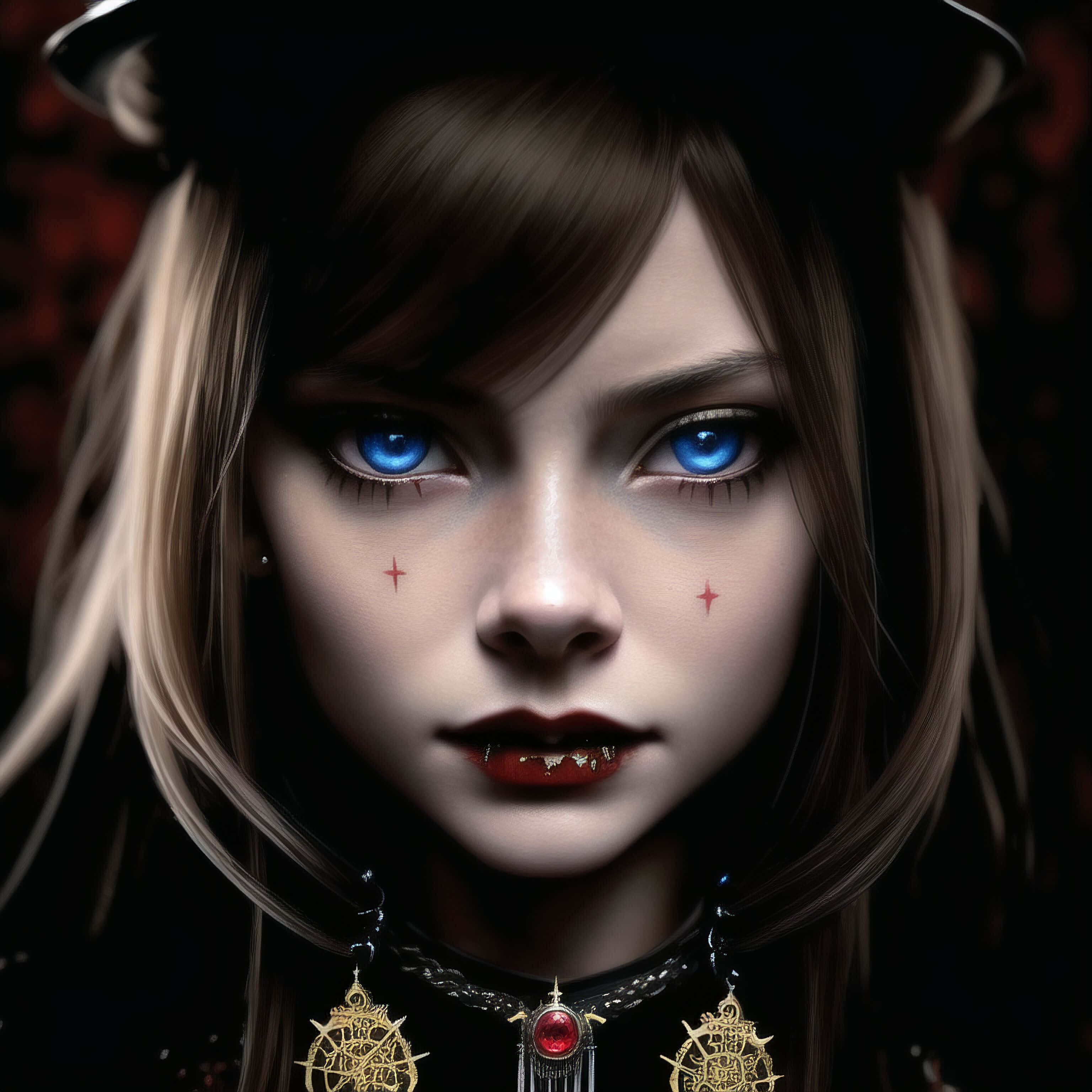 Dark Vampire 桌布 壁紙 — 一個哥德式女孩的特寫肖像，擁有銳利的藍色眼睛、紅色星星紋身和華麗的珠寶，背景為深色。
