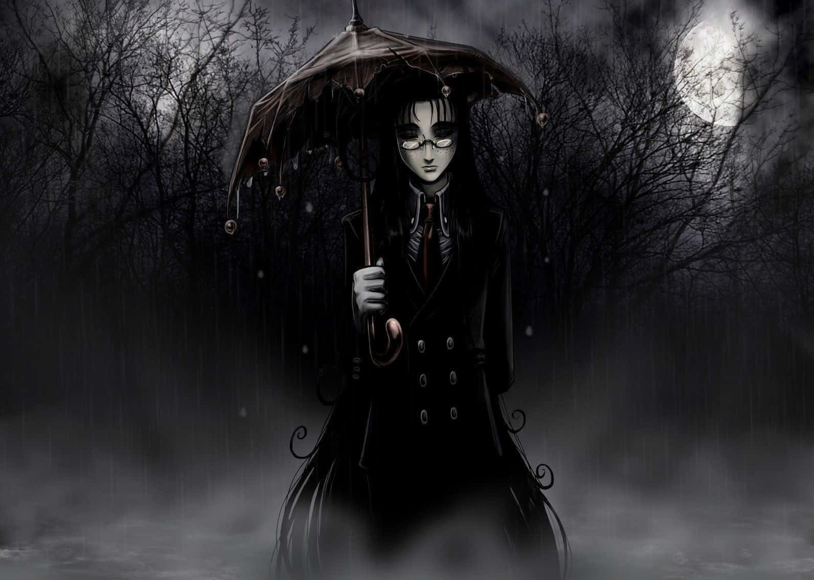 Sad Dark Anime 桌布 壁紙 — 一個哥德式女孩穿著黑色外套，在滿月下霧氣瀰漫的禿林中拿著滴水的雨傘。