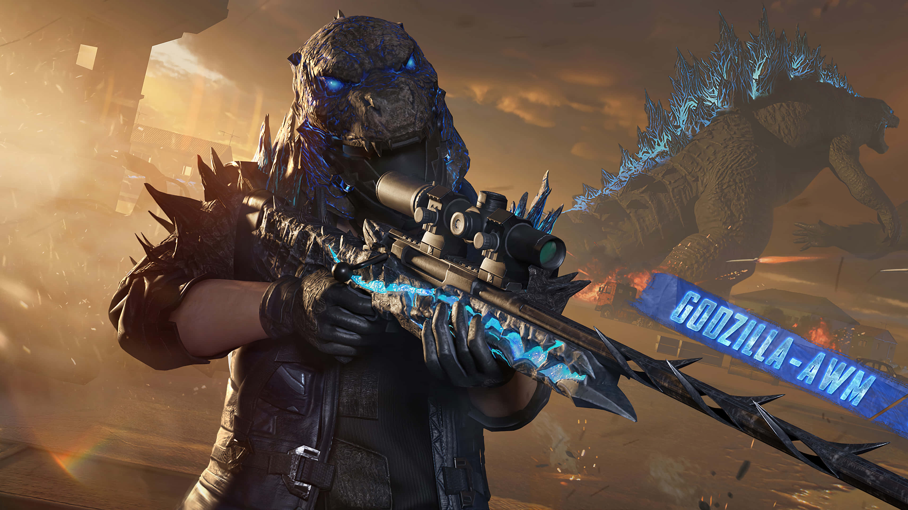 Fps 桌布 壁紙 — 一個哥斯拉主題的士兵，擁有發光的藍色眼睛和尖刺，在煙霧瀰漫的戰場上瞄準一把未來風格的步槍，背景有另一隻哥斯拉。