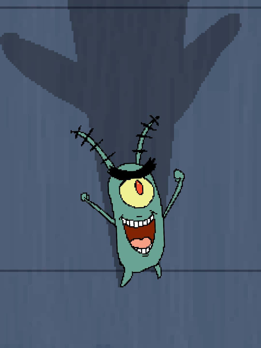 plankton 桌布 壁紙 — 一個單眼、帶有尖刺天線的綠色卡通角色，在深藍色背景上歡快地跳舞。
