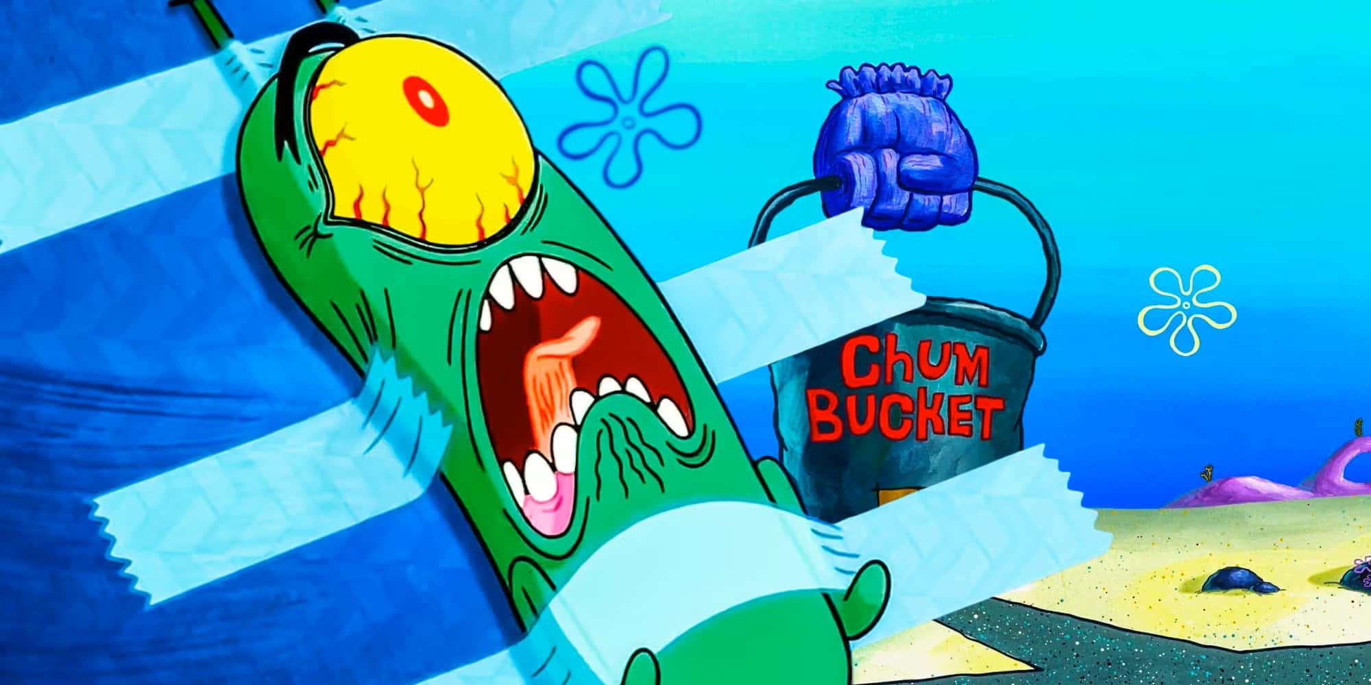 plankton 桌布 壁紙 — 一個單眼嘅卡通醃青瓜怪獸喺水底被膠紙黐喺Chum Bucket桶上尖叫緊。