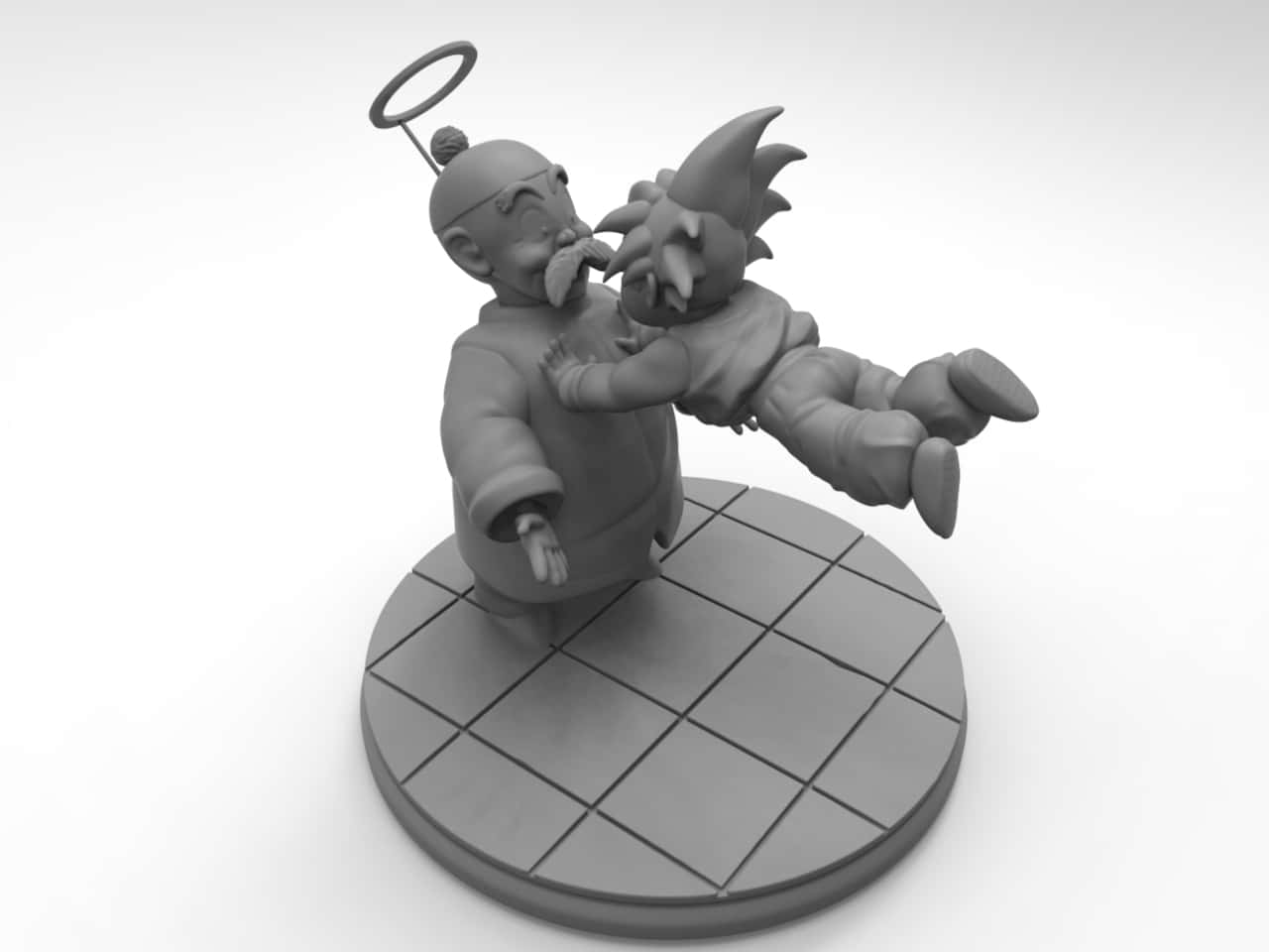 Grandpa Gohan 桌布 壁紙 — 一個單色3D打印公仔展示一個有鬍鬚、帶光環的男人，在瓷磚底座上以動態姿勢抱著一個頭髮尖尖的小孩。