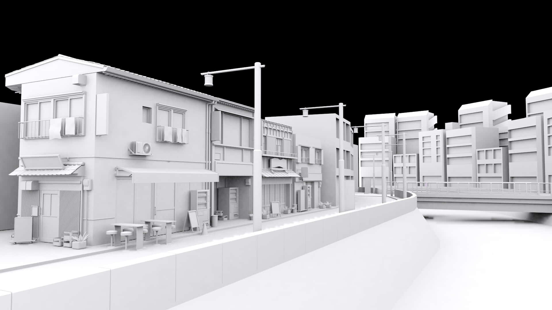 3d Modeling 桌布 壁紙 — 一個單色3D渲染的街景，包括建築物、戶外座位和橋樑，背景為黑色。