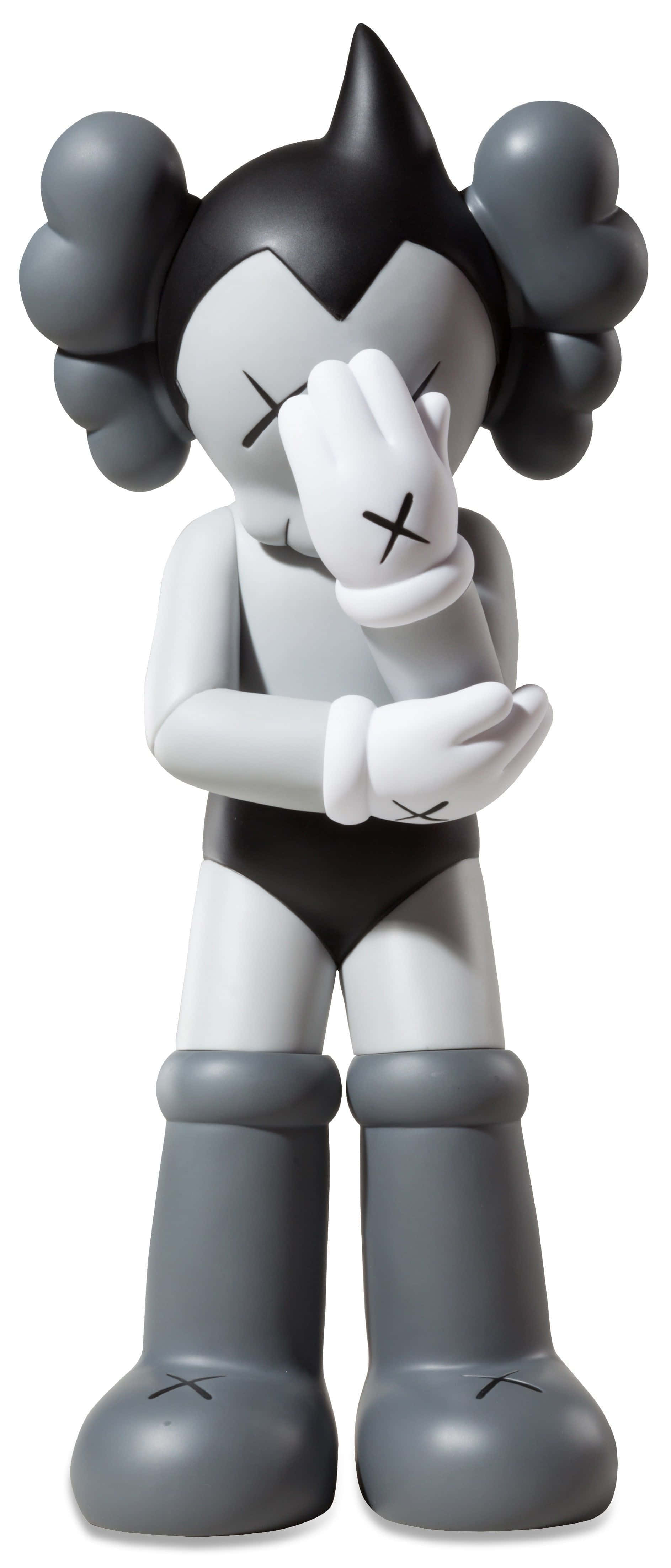 Kaws Astro Boy 桌布 壁紙 — 一個單色KAWS Companion公仔，有X形眼睛和雲狀絨毛覆蓋頭部，一隻手遮住臉站立。