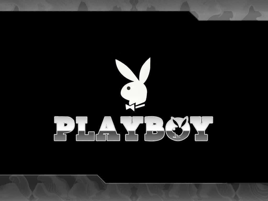 playboy 桌布 壁紙 — 一個單色Playboy標誌，中央有兔子和蝴蝶結，背景為黑色，帶有灰色紋理邊框。