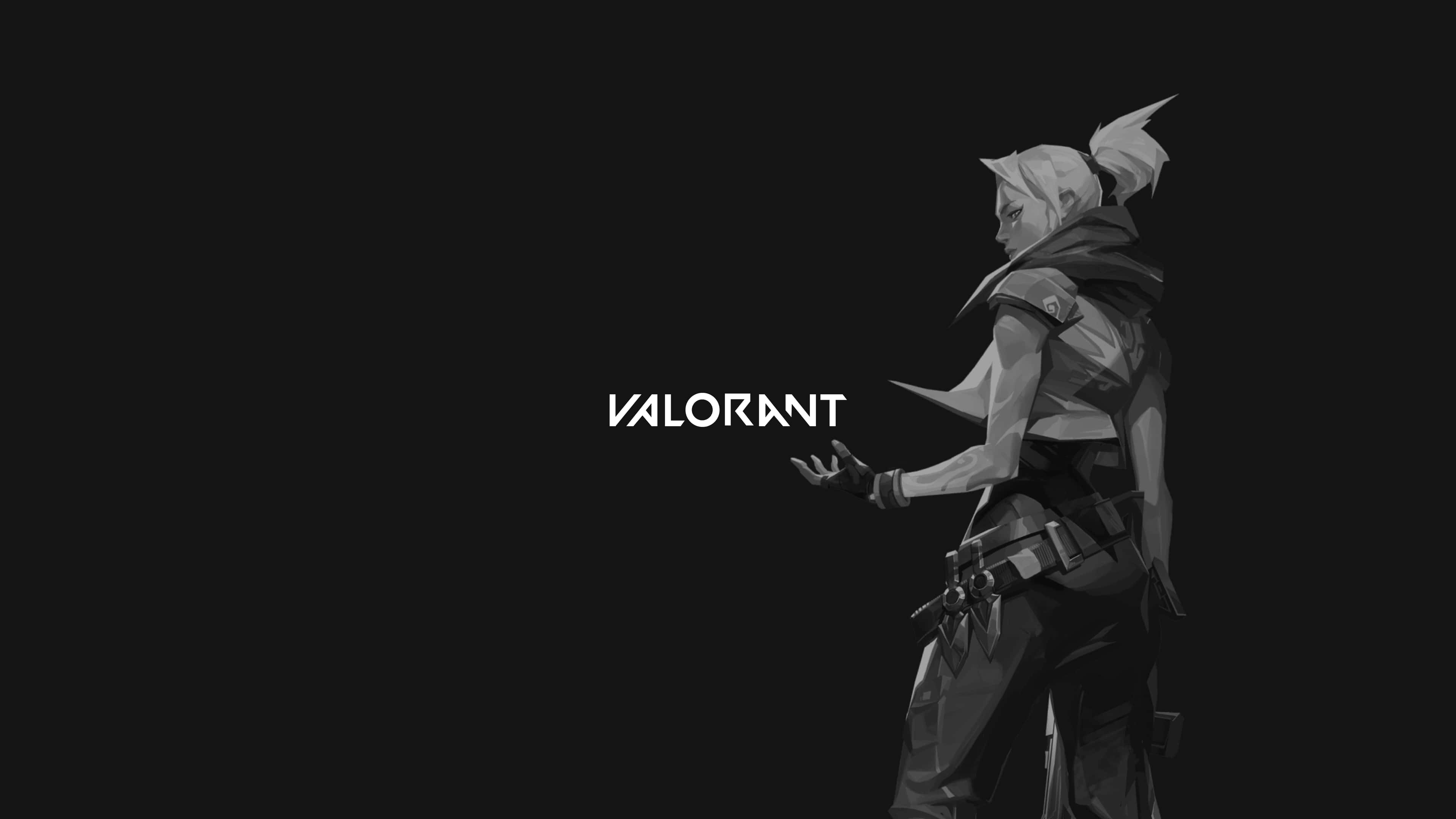 Take your competitive gaming to the next level with Valorant 壁紙 — 一個單色Valorant角色在黑色背景前側面站立，遊戲標題以白色文字顯示。