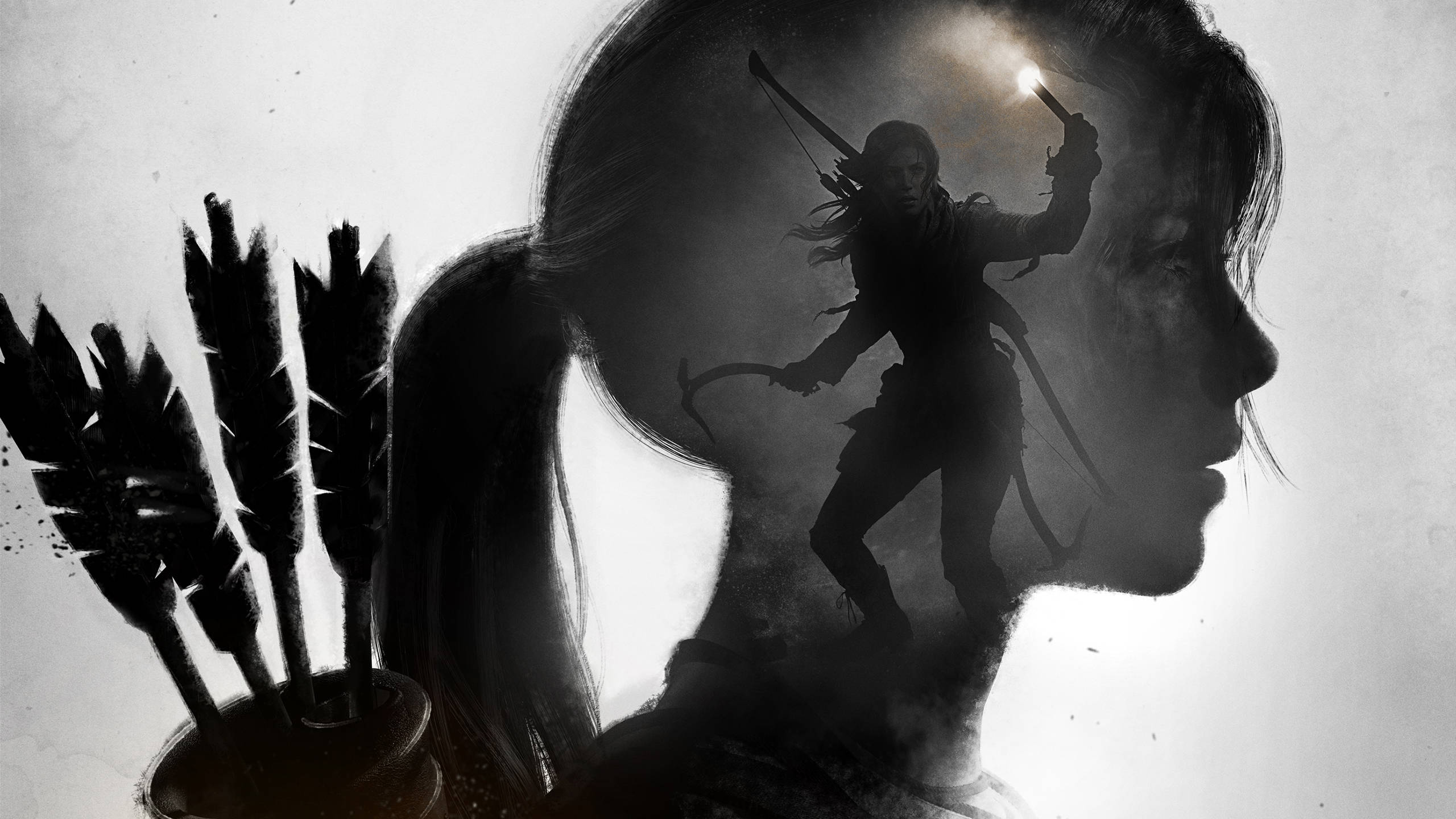 遊戲 桌布 壁紙 — 一個單色剪影，描繪一位持弓搭箭的女戰士，疊加在她的側面輪廓上，旁邊還有一筒箭。