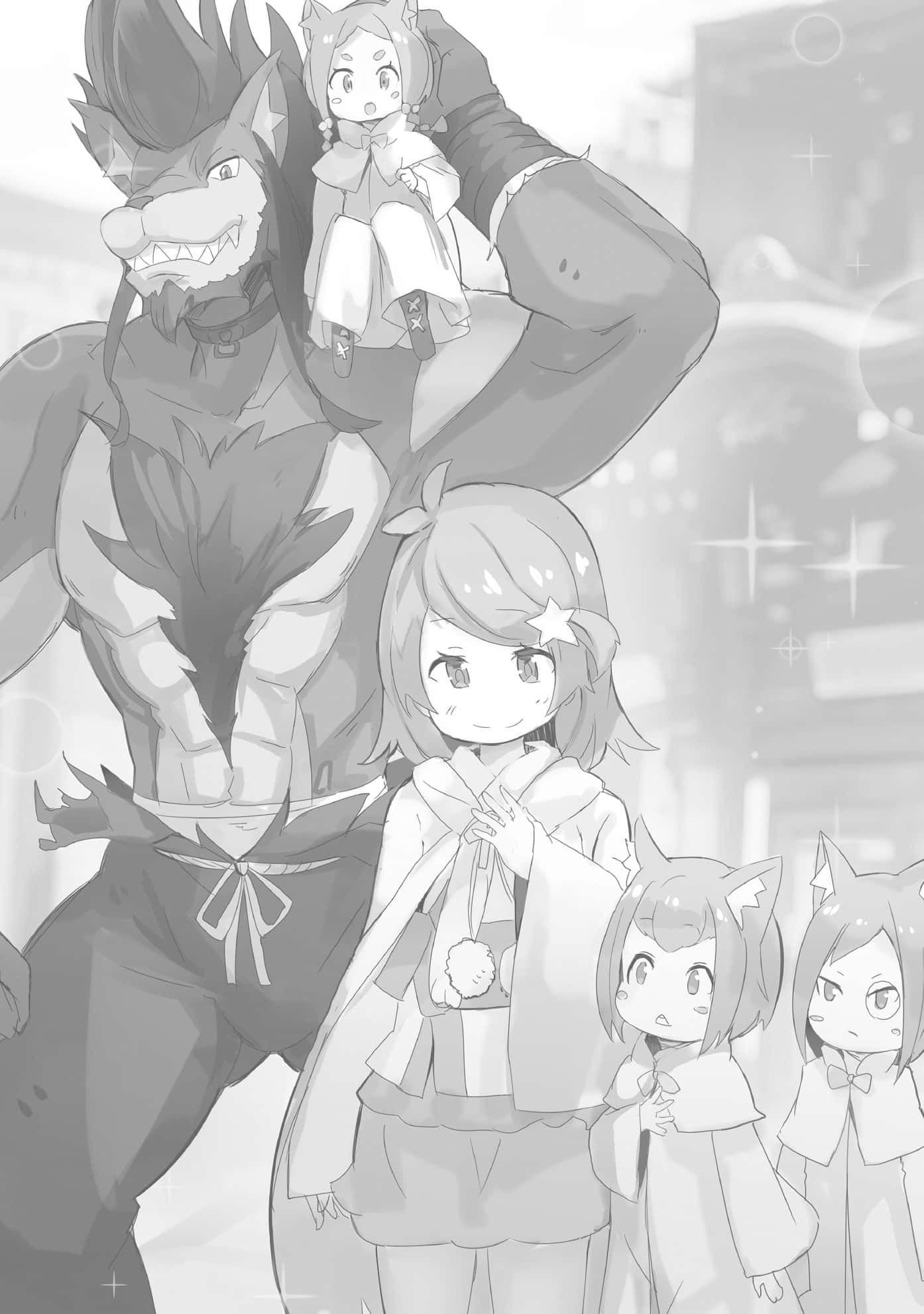 Anastasia Hoshin 桌布 壁紙 — 一個單色動漫場景，有一隻巨大的狼狀生物抱著一個小女孩，而另外三個貓耳女孩站在附近的城市景觀中。