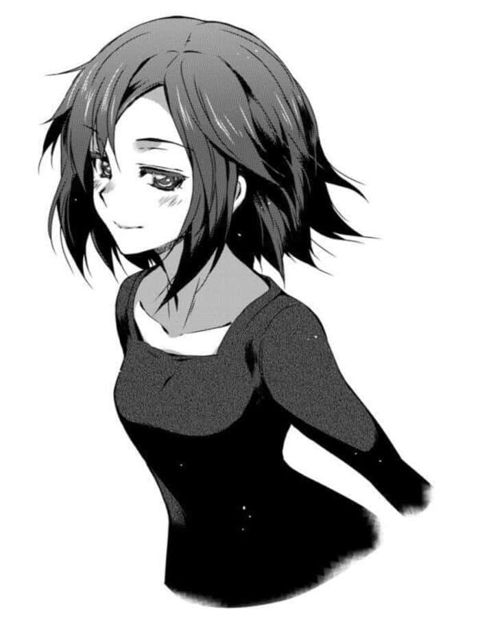 Haruhi Sasaki 桌布 壁紙 — 一個單色動漫女孩，短髮蓬鬆，穿著合身上衣，在純色背景下溫柔微笑。