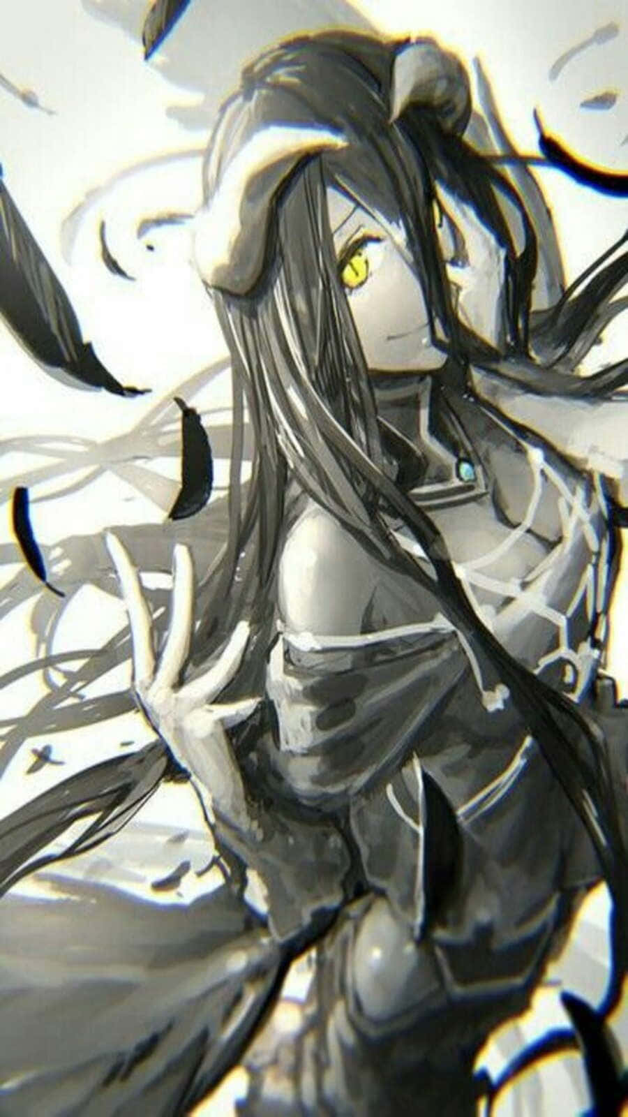 Dark Overlord 桌布 壁紙 — 一個單色動漫女孩，長長的黑髮和黃色的眼睛，在明亮的背景中，於旋轉的黑色羽毛中伸出手。
