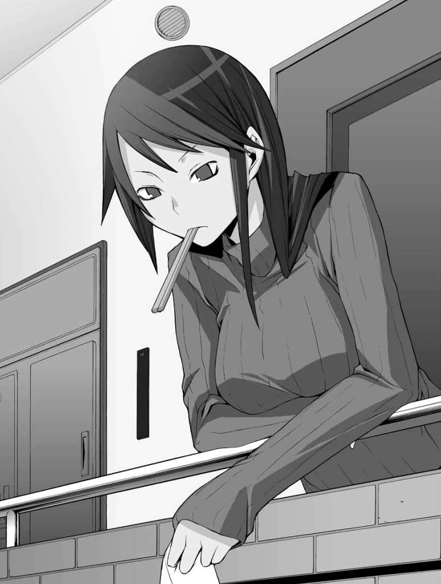 Namie Yagiri 桌布 壁紙 — 一個單色動漫女孩在走廊上靠著欄杆，嘴裡叼著一根煙。