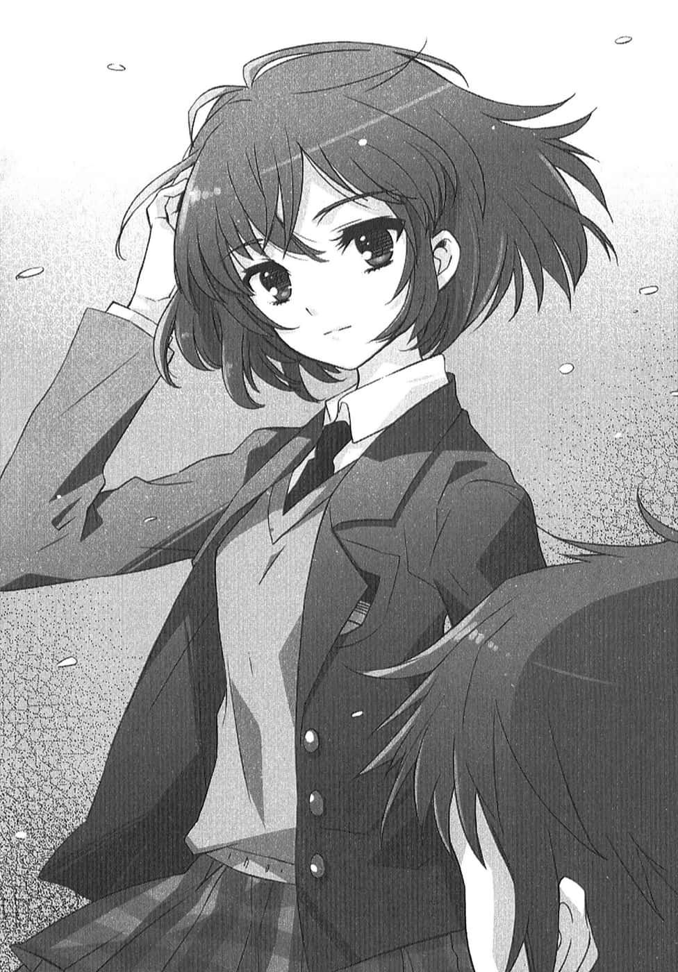 Haruhi Sasaki 桌布 壁紙 — 一個單色動漫女孩穿著校服，在紋理背景前微笑著整理頭髮。
