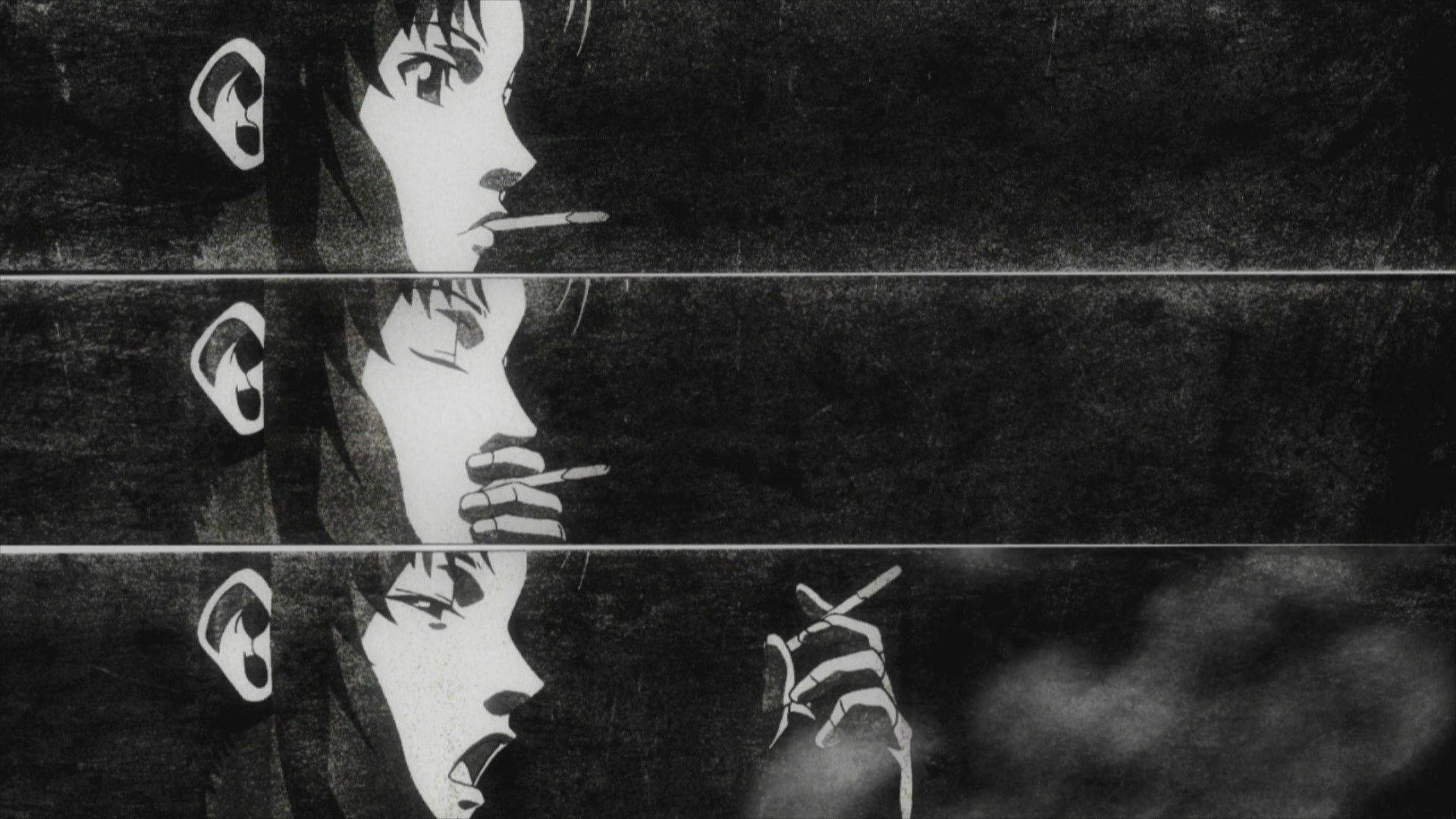 Black And White Anime 桌布 壁紙 — 一個單色動漫肖像，描繪一個人在帶有紋理的深色背景上吸煙，並帶有層疊的反射效果。