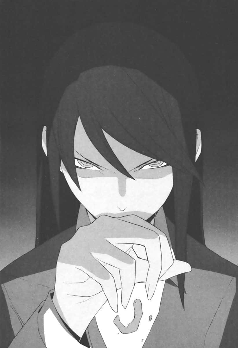 Namie Yagiri 桌布 壁紙 — 一個單色動漫角色，擁有銳利的眼睛和深色頭髮，在陰影背景前將彎曲物體靠近嘴邊。