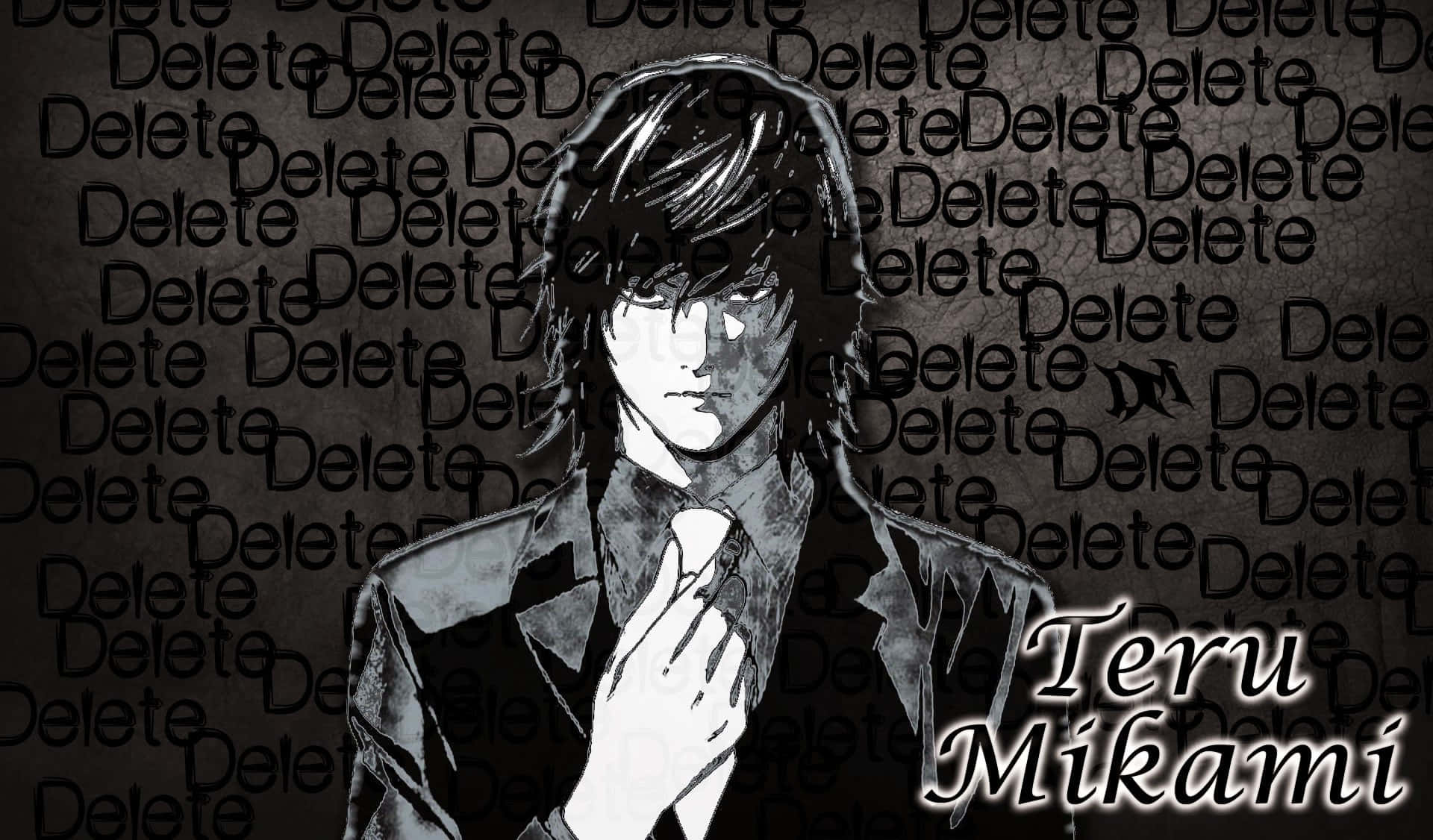 Teru Mikami 桌布 壁紙 — 一個單色動漫角色，深色頭髮，表情嚴肅，站在充滿重複 delete 文字的背景前。