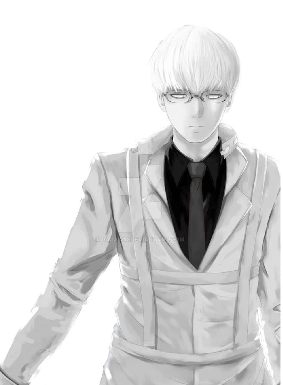Kishou Arima 桌布 壁紙 — 一個單色動漫角色，白髮戴眼鏡，穿著正式西裝，背景為純白色。