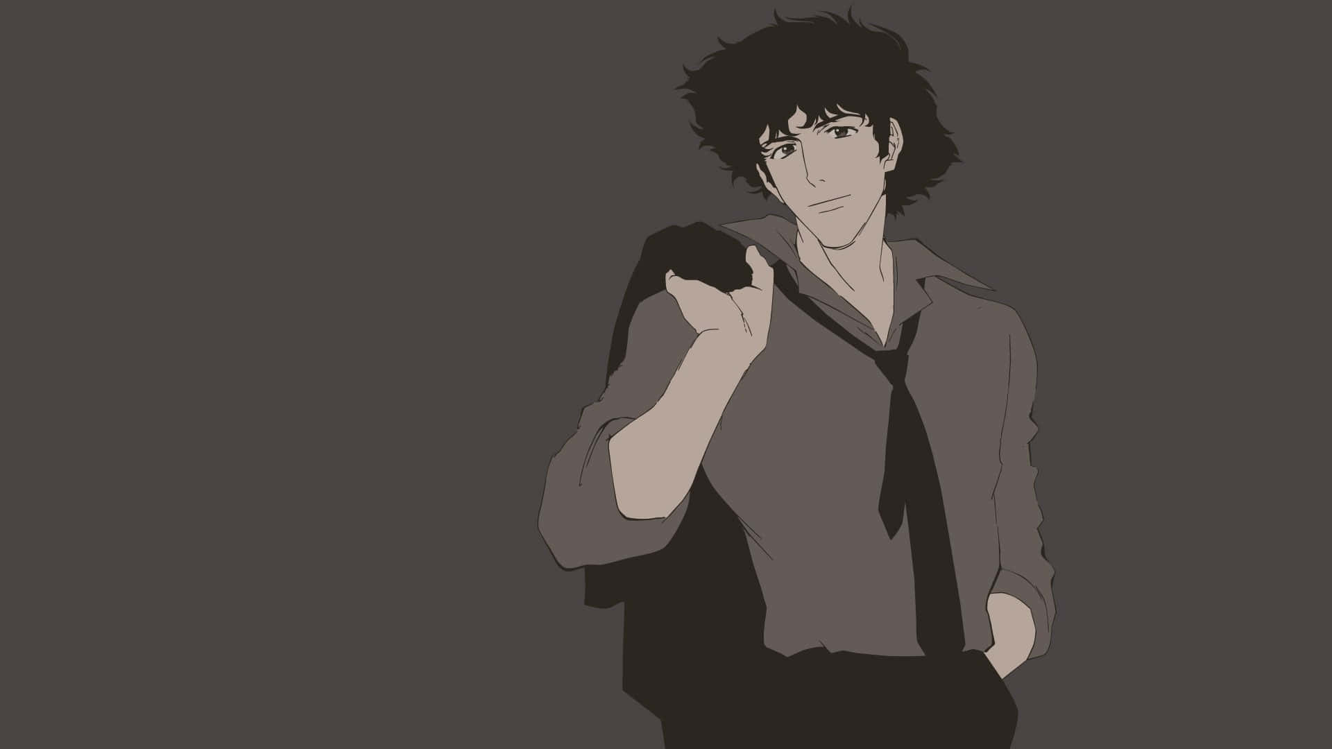 Spike Spiegel 桌布 壁紙 — 一個單色動漫角色，頭髮凌亂，在純灰色背景上將一件外套搭在肩上。
