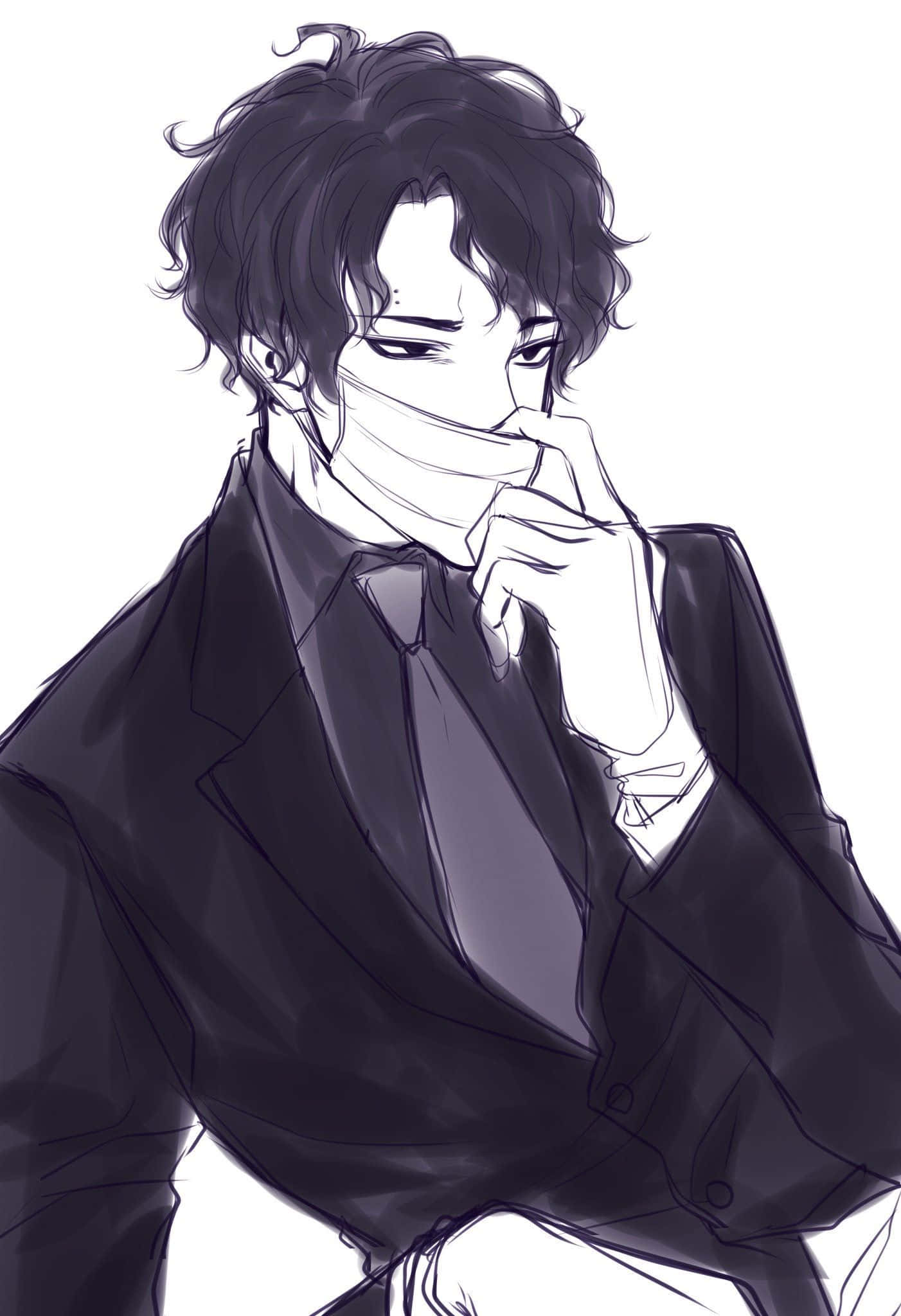 Kiyoomi Sakusa 桌布 壁紙 — 一個單色動漫風格肖像，描繪一位身穿西裝的年輕男子手持面具遮住嘴巴，表情沉思。